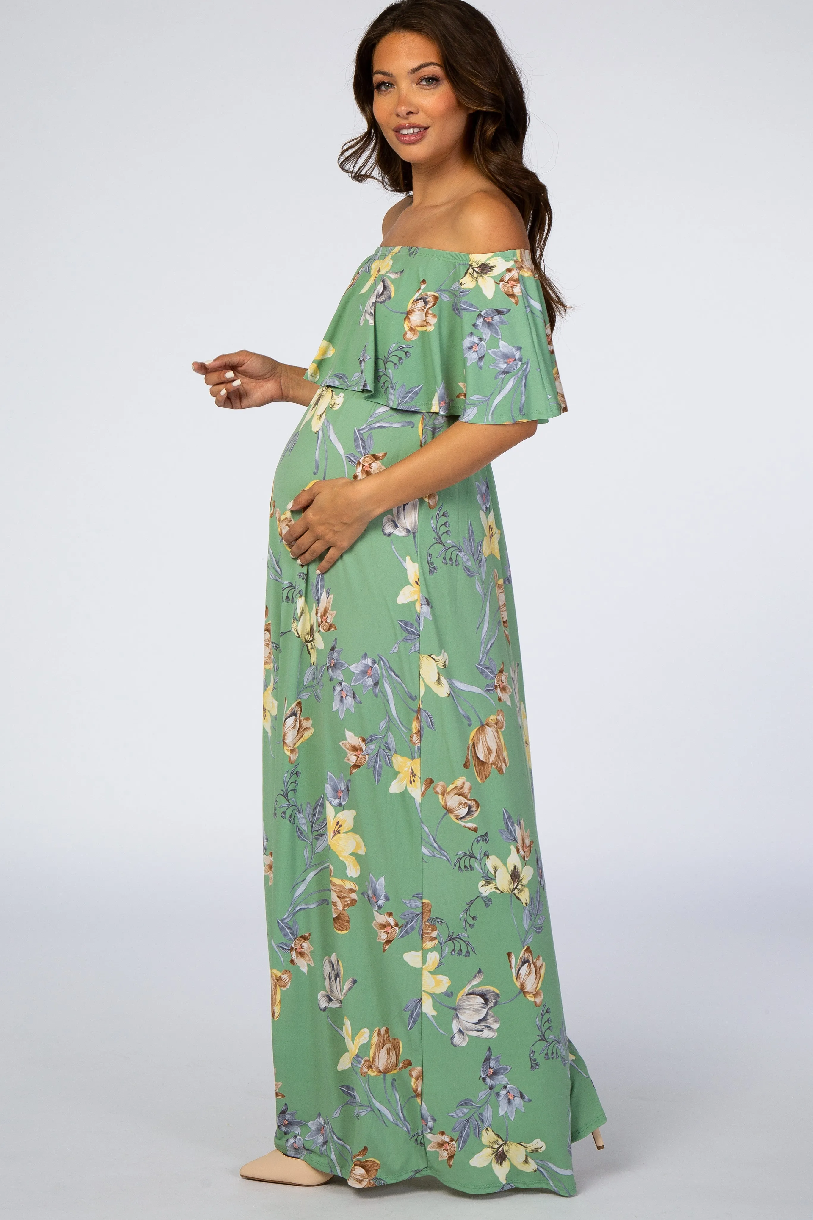 Sage Floral Off Shoulder Maternity Maxi Dress sold by Pinkblush product image thumbnail 2