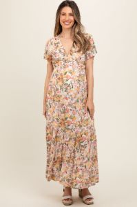 White Floral V-Neck Ruffle Maternity Maxi Dress sold by Pinkblush