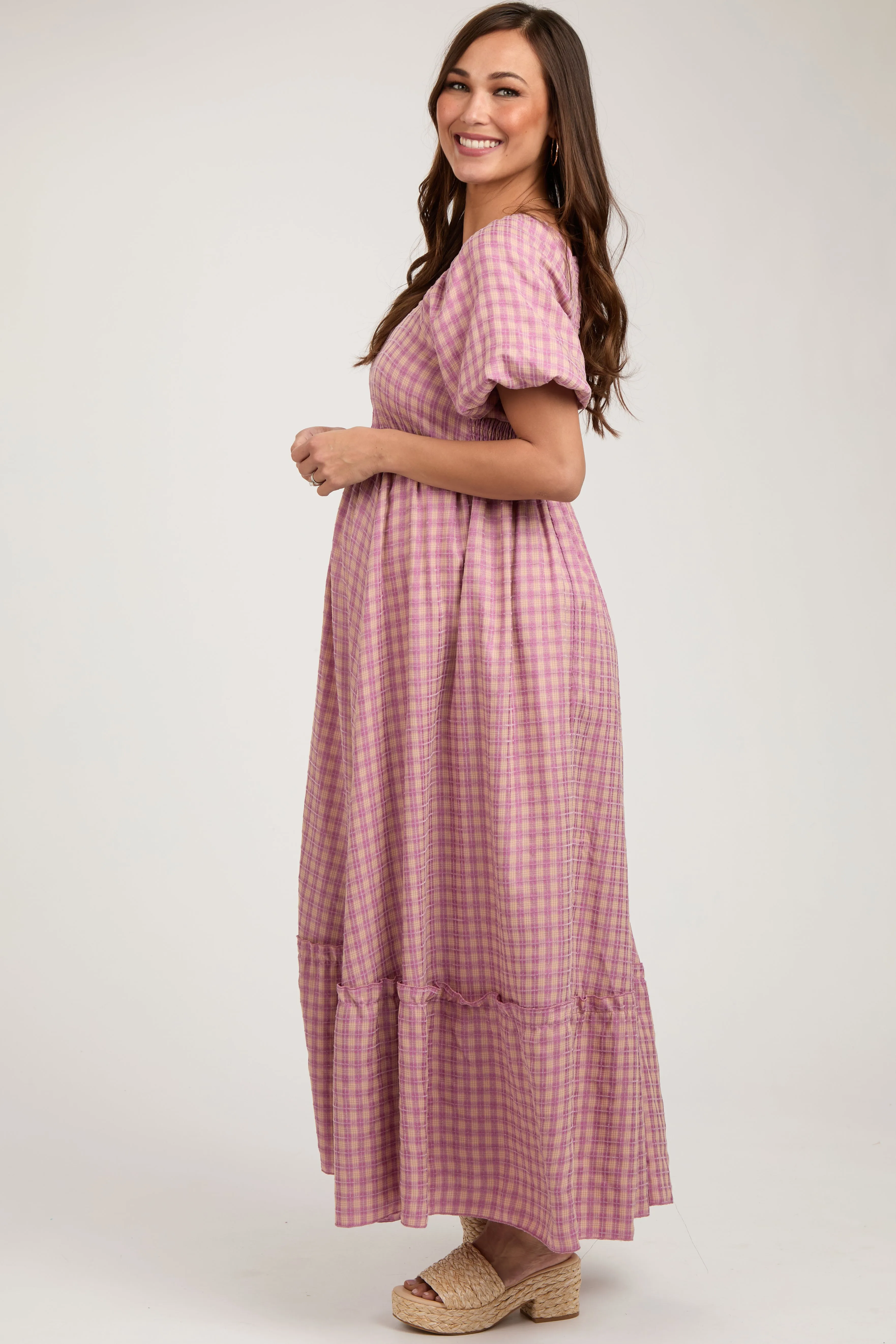 Pink Plaid Puff Sleeve Maternity Maxi Dress sold by Pinkblush product image thumbnail 3