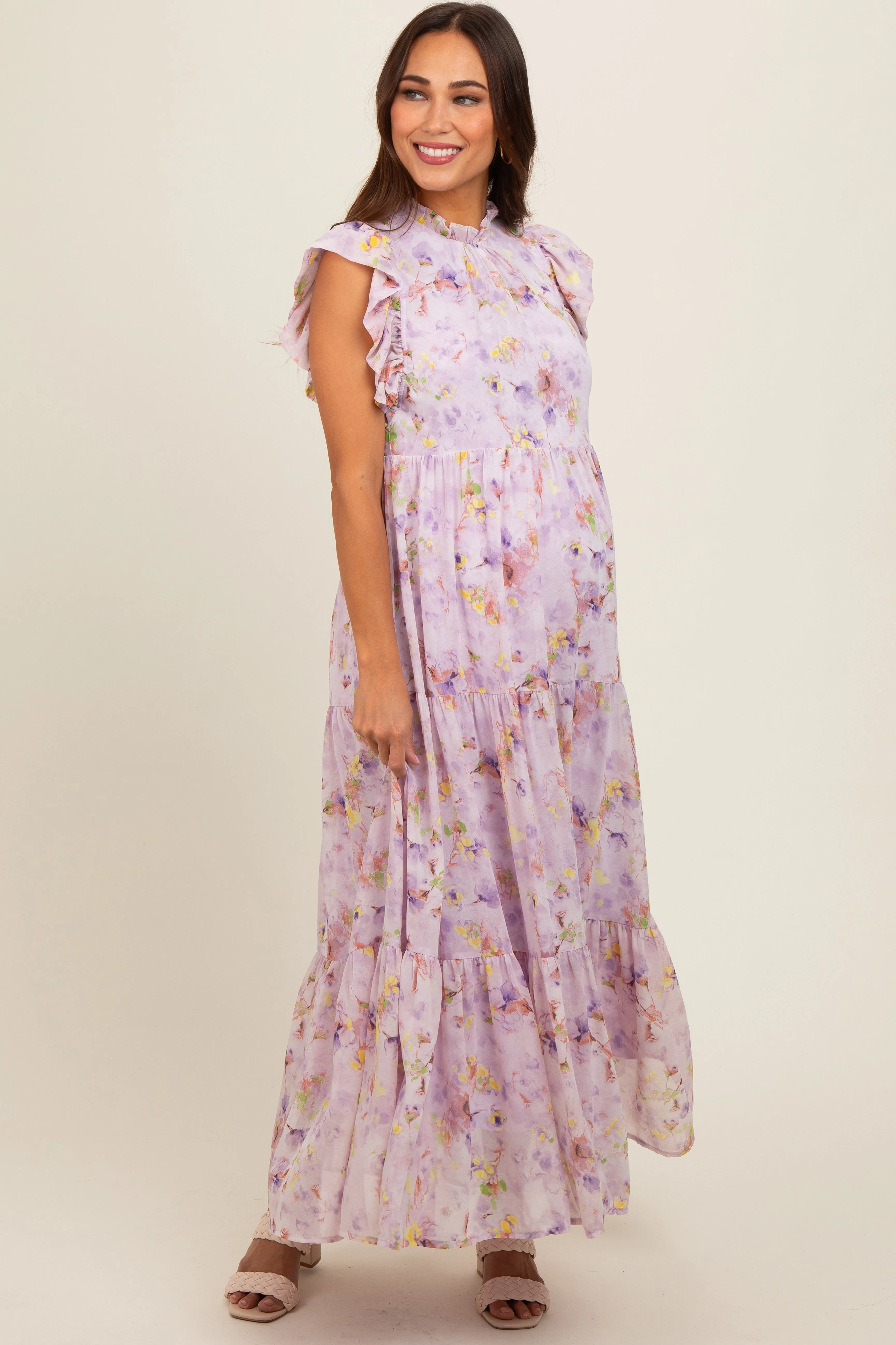 Lavender Floral Chiffon Ruffle Shoulder Tiered Maternity Maxi Dress sold by Pinkblush product image thumbnail 2