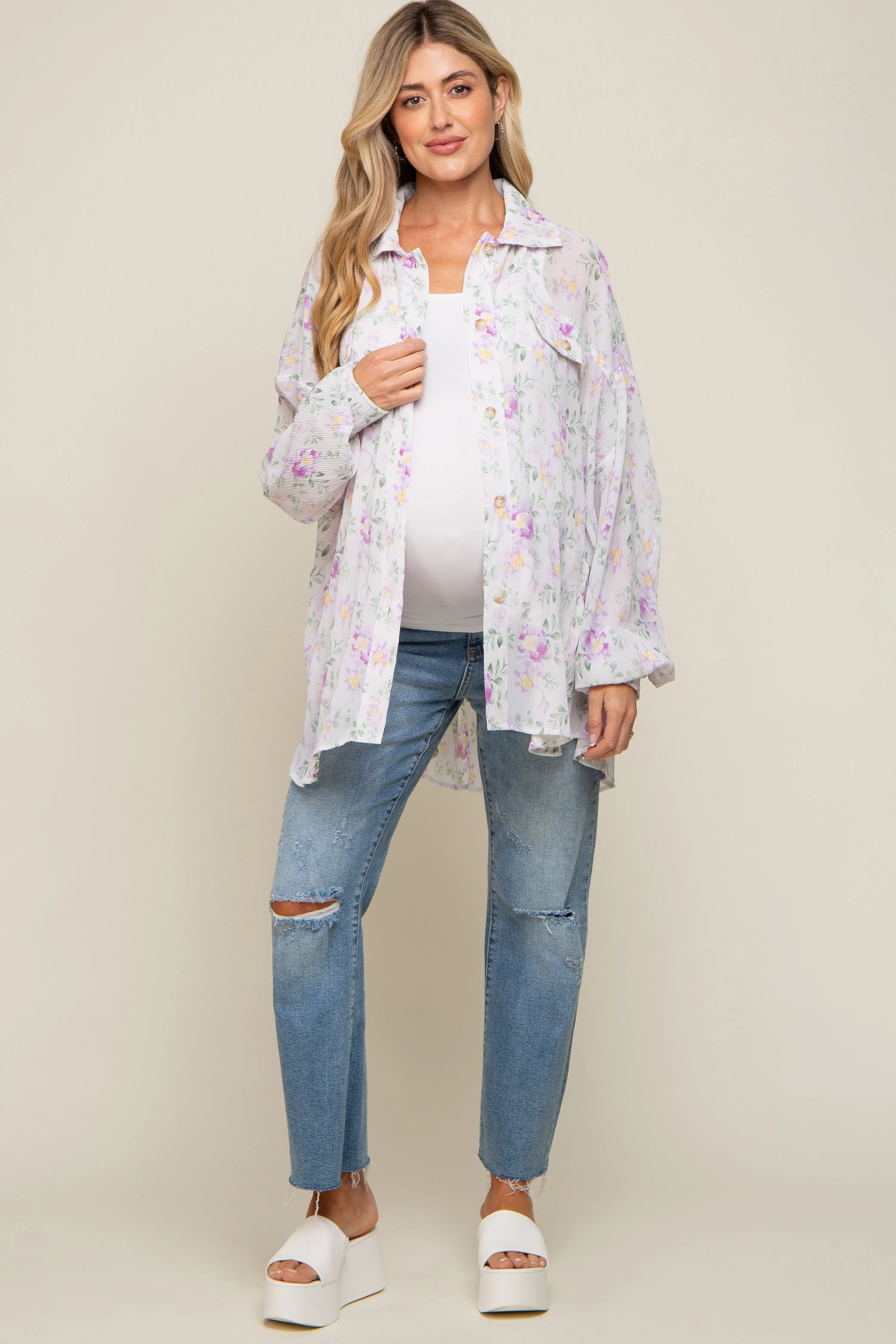 Lavender Pleated Floral Oversized Maternity Blouse sold by Pinkblush