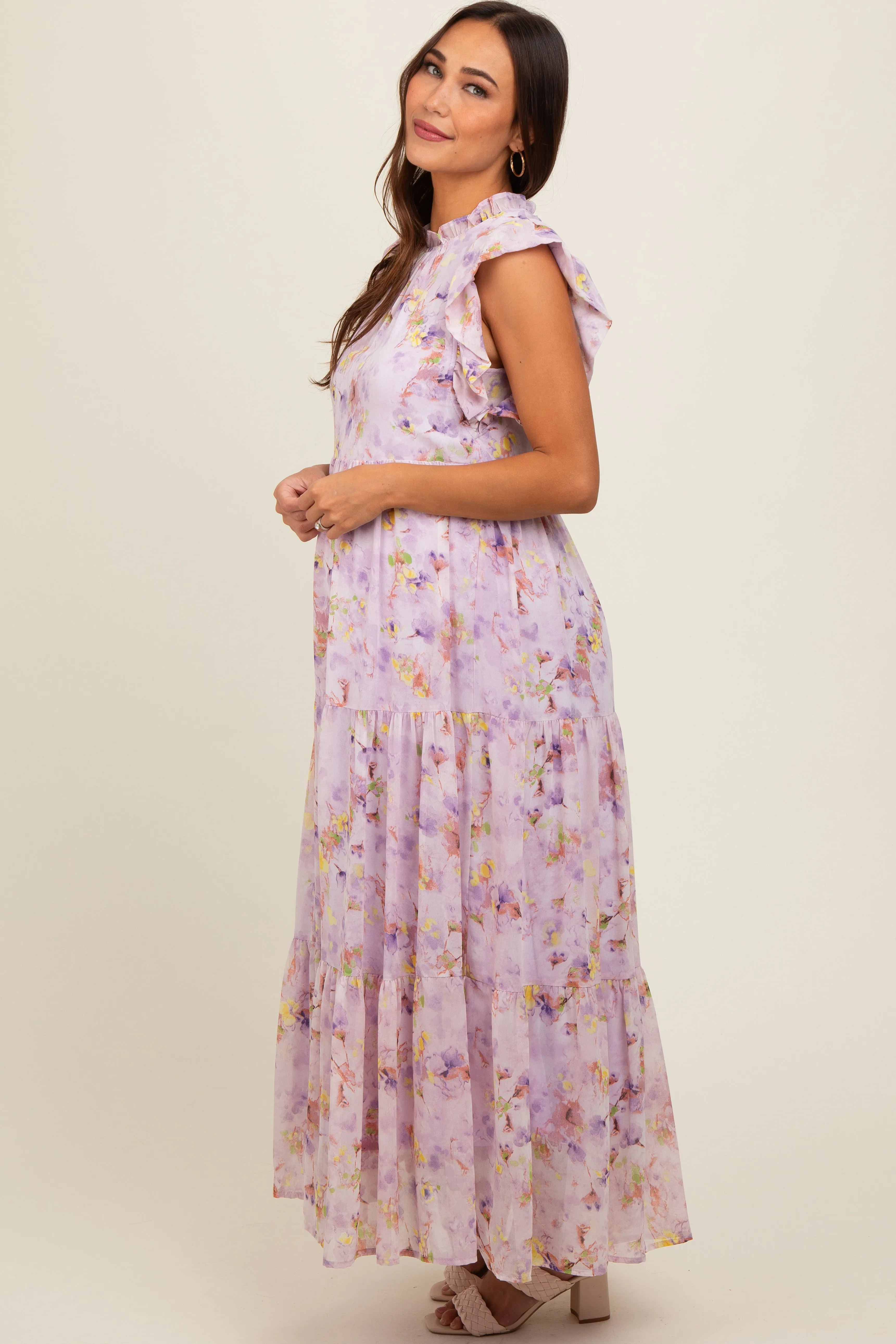Lavender Floral Chiffon Ruffle Shoulder Tiered Maternity Maxi Dress sold by Pinkblush product image thumbnail 3