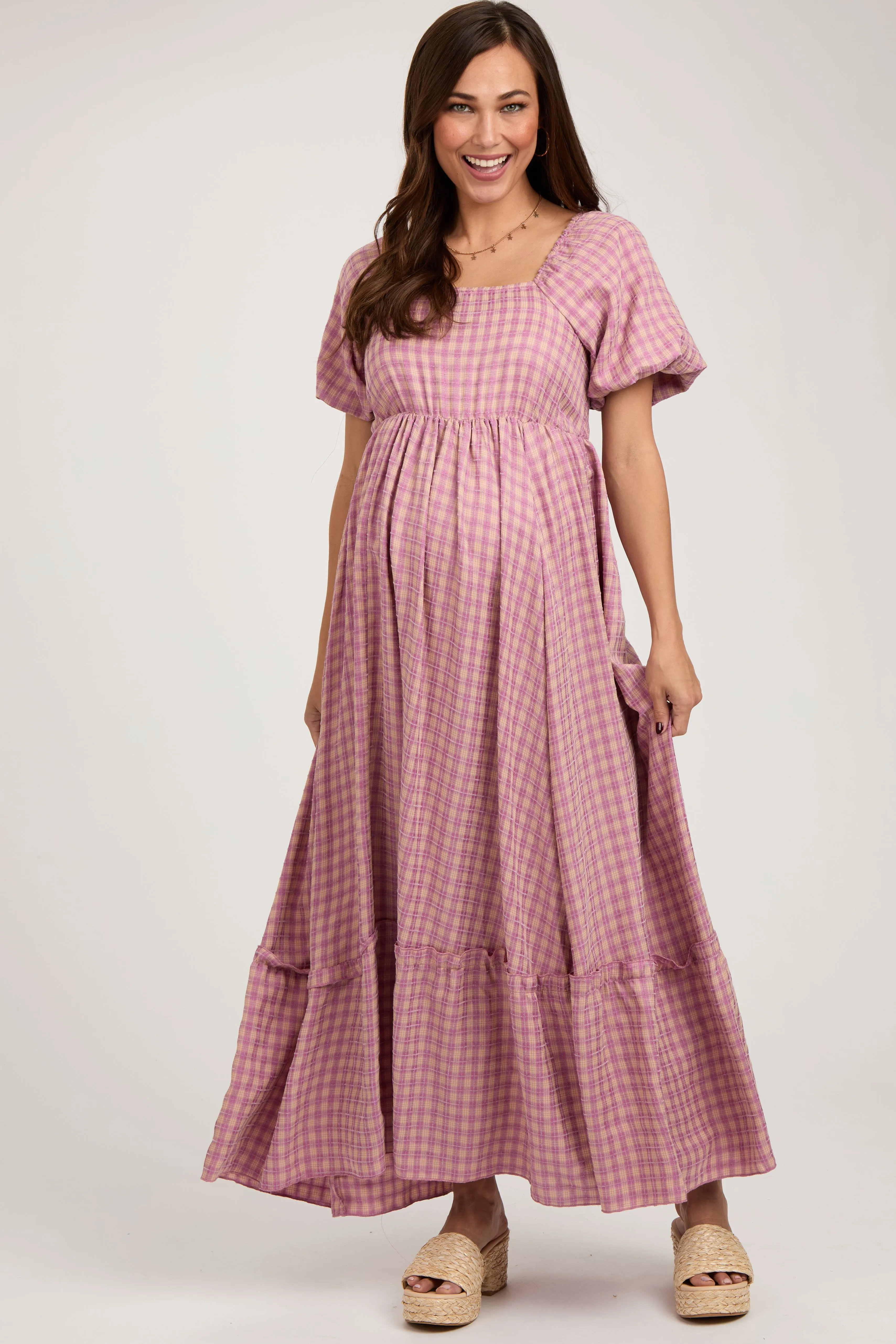 Pink Plaid Puff Sleeve Maternity Maxi Dress sold by Pinkblush