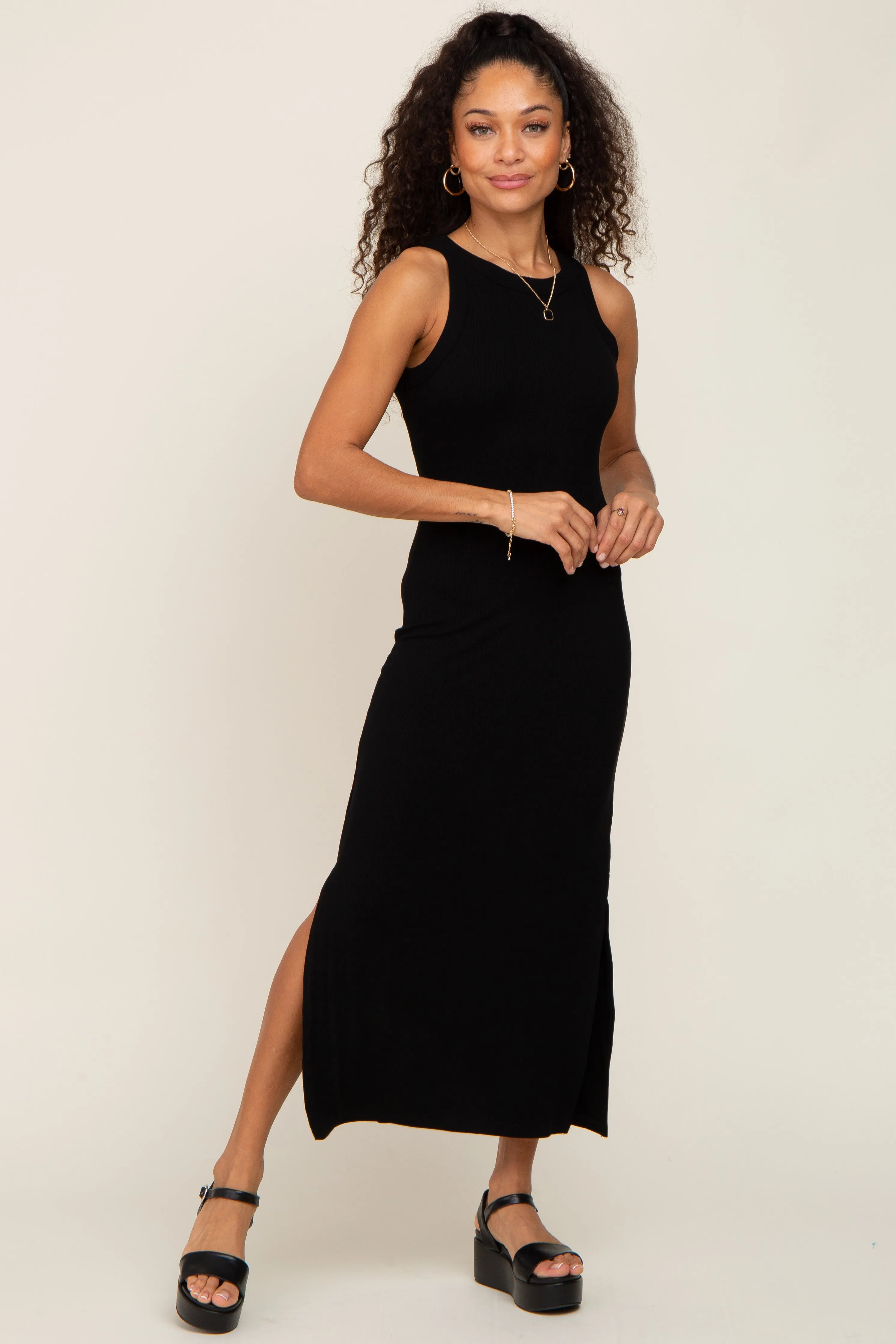 Black Ribbed Side Slit Tank Dress sold by Pinkblush product image thumbnail 4