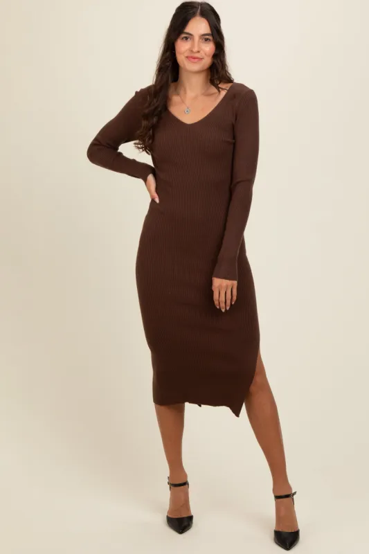 Brown Ribbed Knit Side Slit Midi Dress sold by Pinkblush
