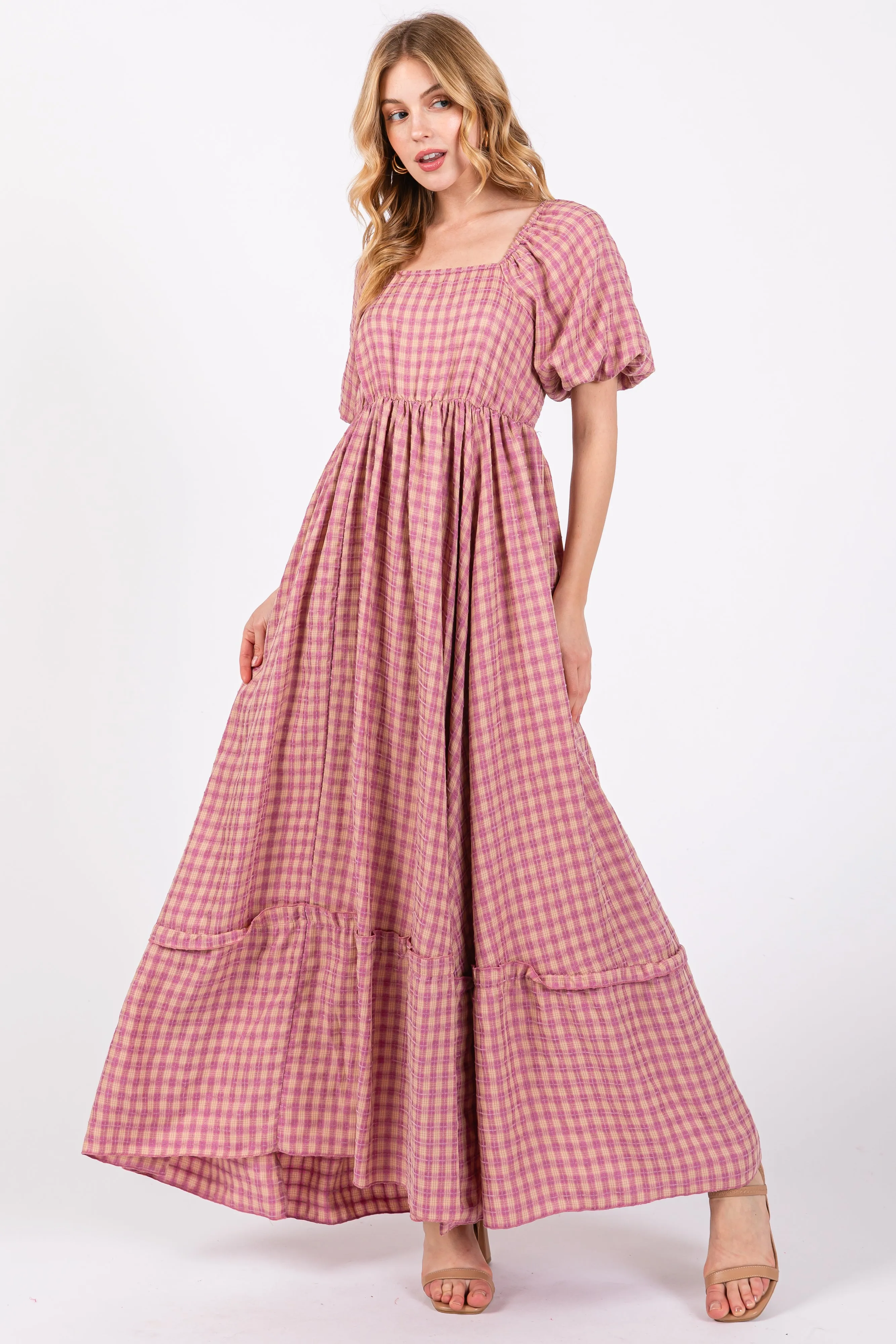 Pink Plaid Puff Sleeve Maternity Maxi Dress sold by Pinkblush product image thumbnail 5