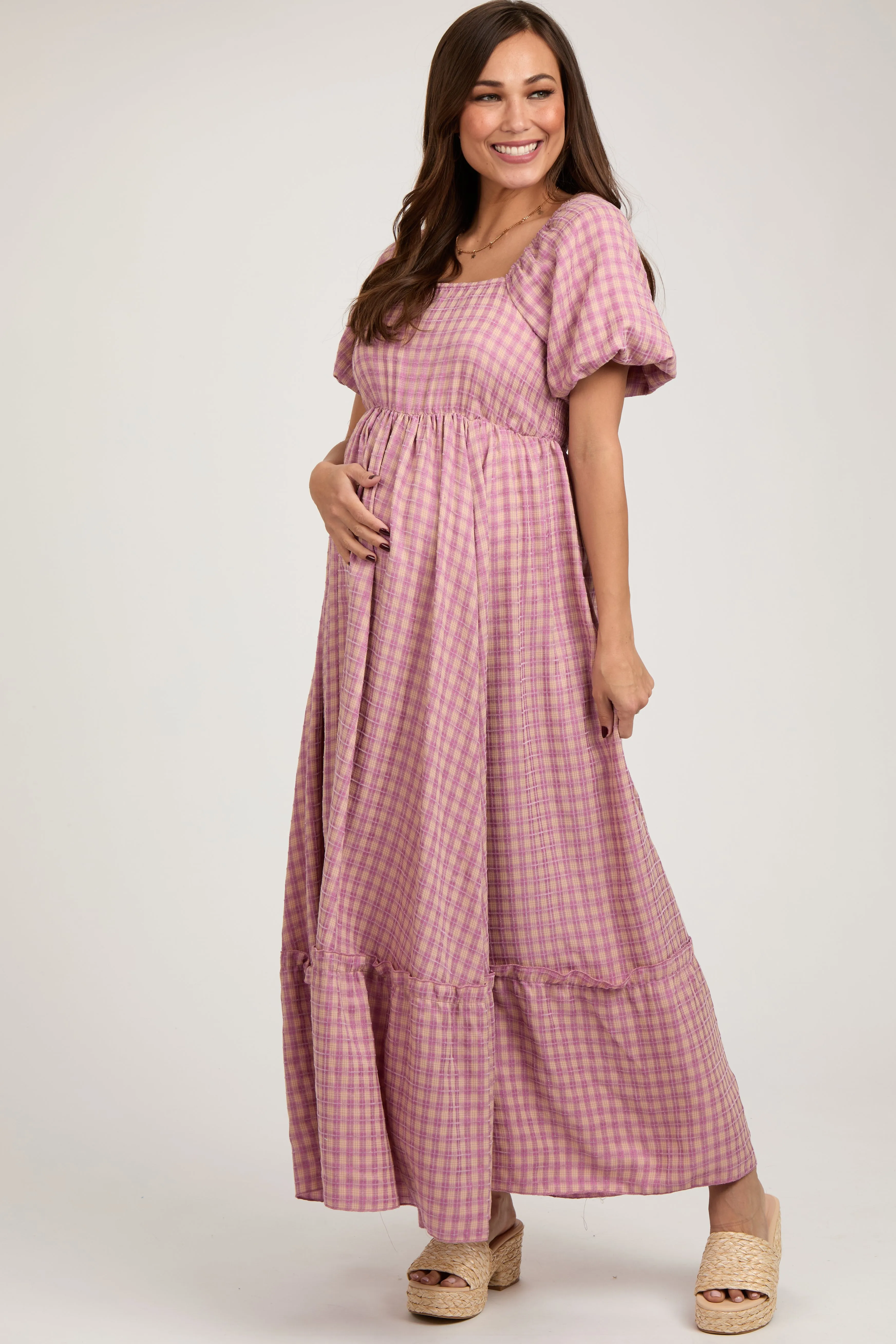 Pink Plaid Puff Sleeve Maternity Maxi Dress sold by Pinkblush product image thumbnail 2