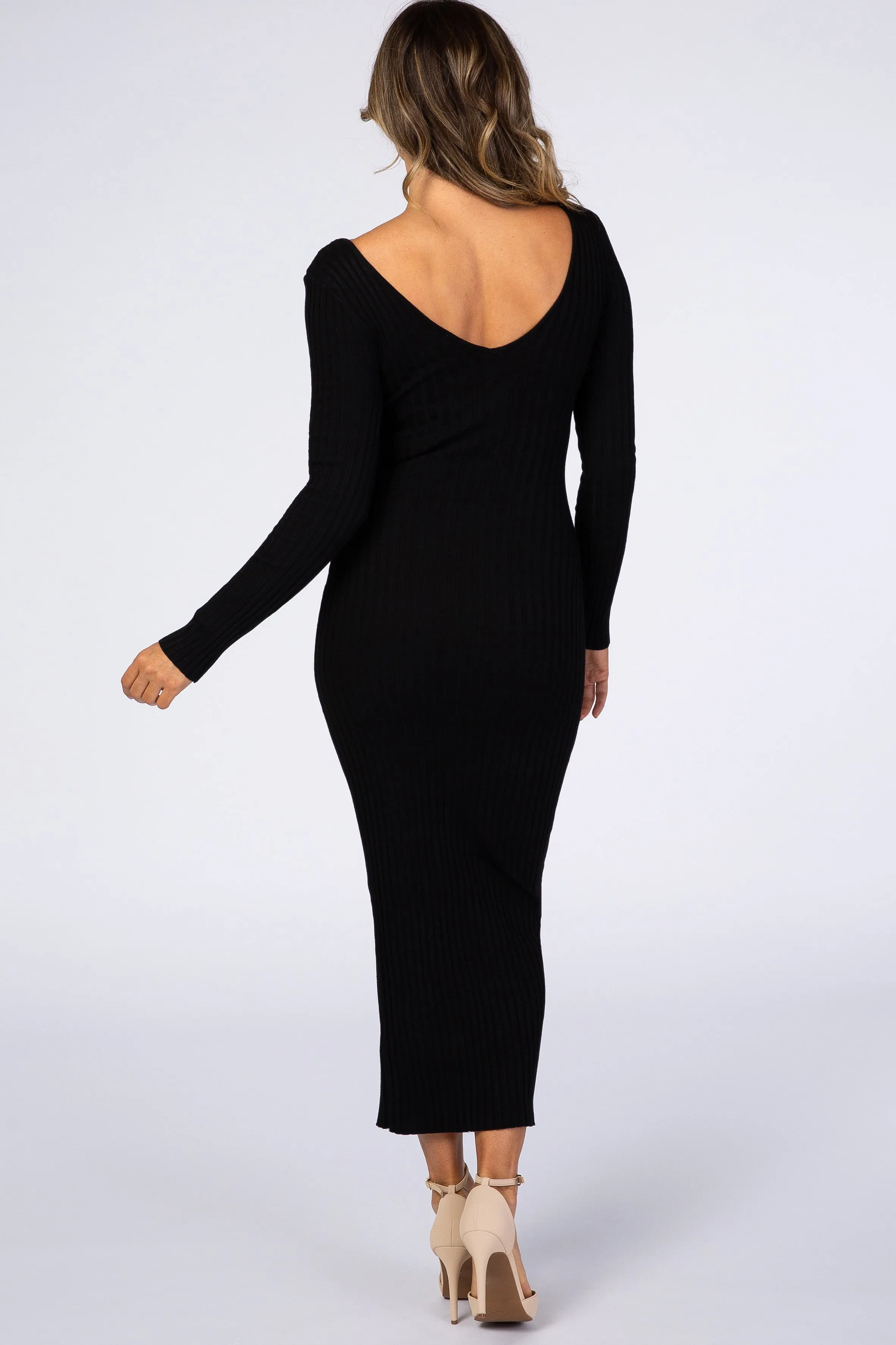 Black V-Neck Long Sleeve Fitted Maxi Dress sold by Pinkblush product image thumbnail 5