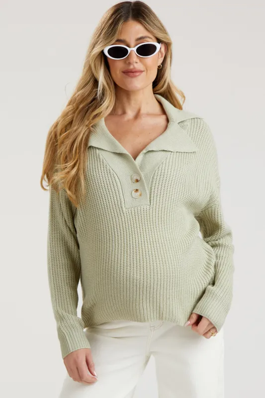Mint Green Chunky Knit Front Button Maternity Sweater sold by Pinkblush
