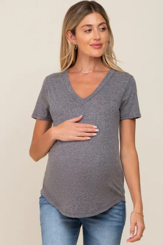Charcoal V-Neck Short Sleeve Maternity Tee sold by Pinkblush