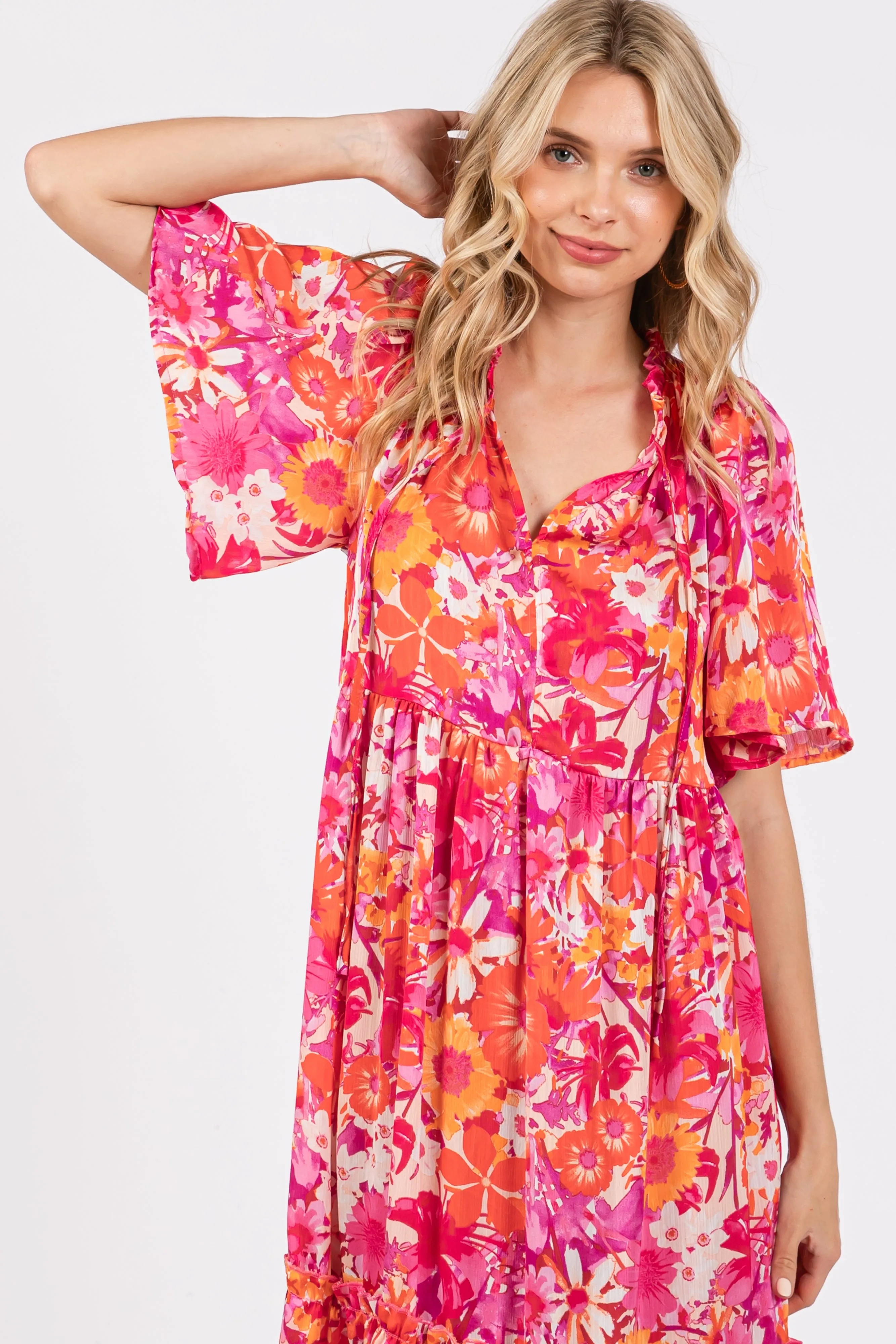 Pink Floral Satin Ruffle Short Flutter Sleeve Midi Dress sold by Pinkblush product image thumbnail 4