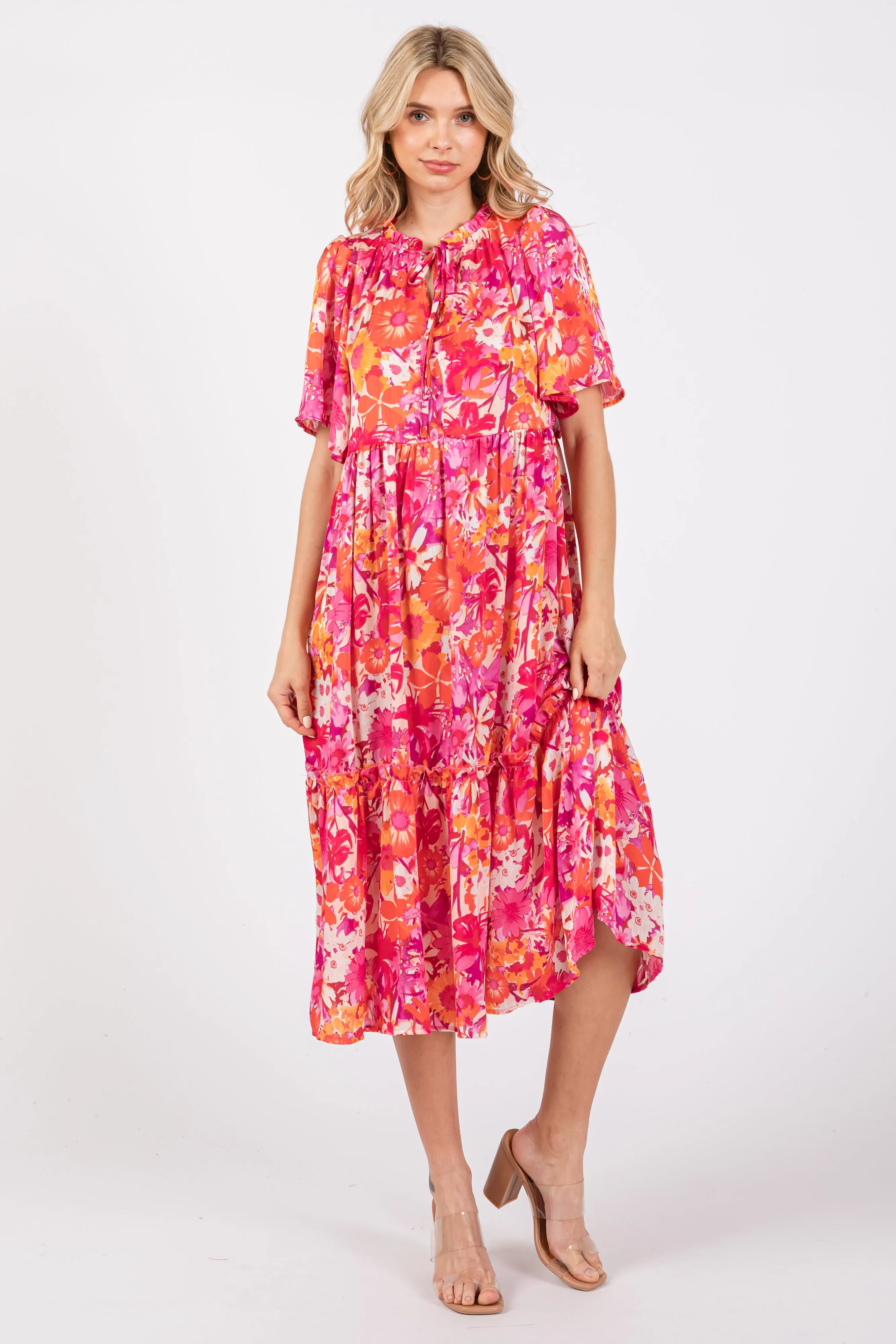 Pink Floral Satin Ruffle Short Flutter Sleeve Midi Dress sold by Pinkblush