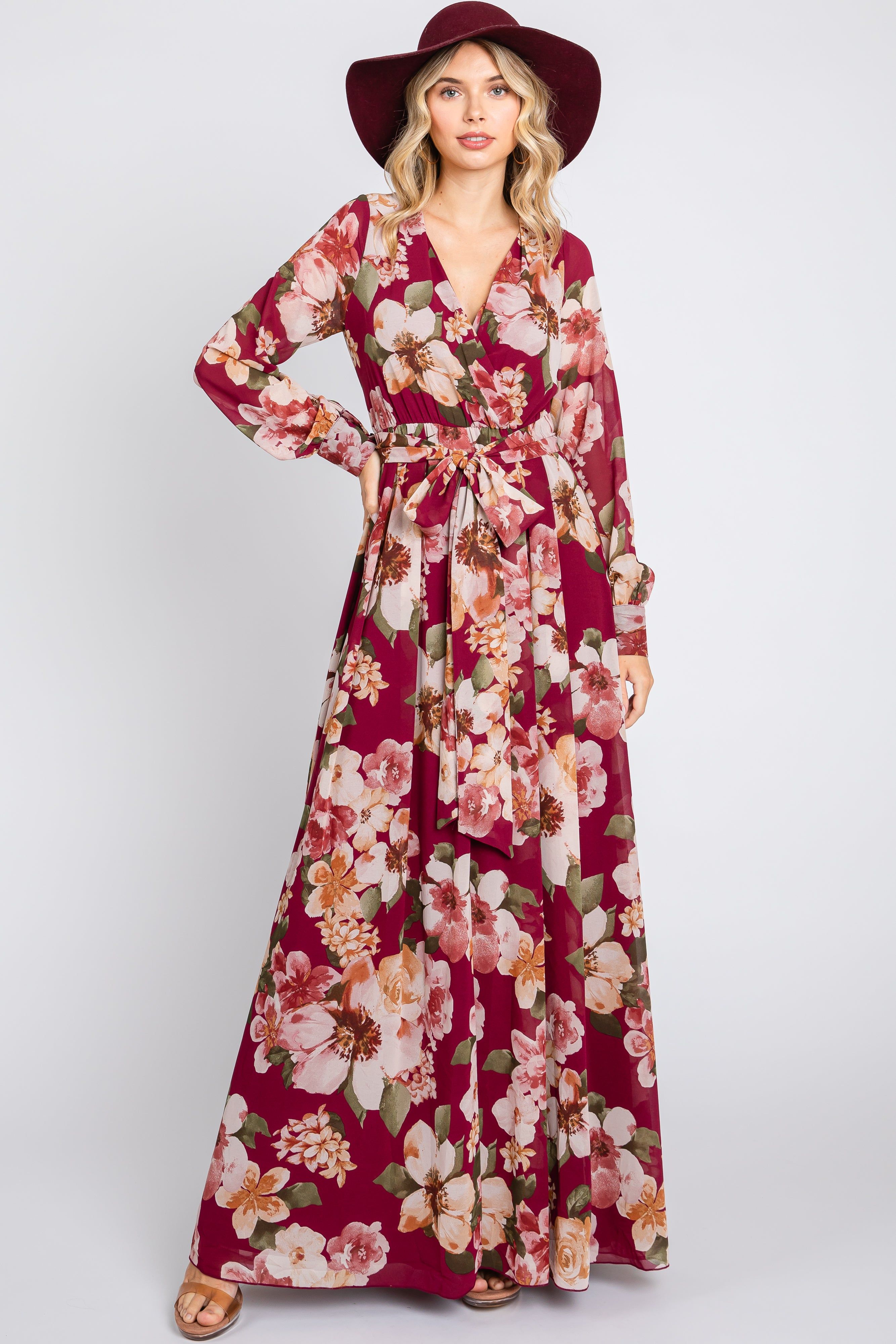Burgundy Floral Chiffon Wrap Front V-Neck Long Sleeve Maxi Dress sold by Pinkblush product image thumbnail 4