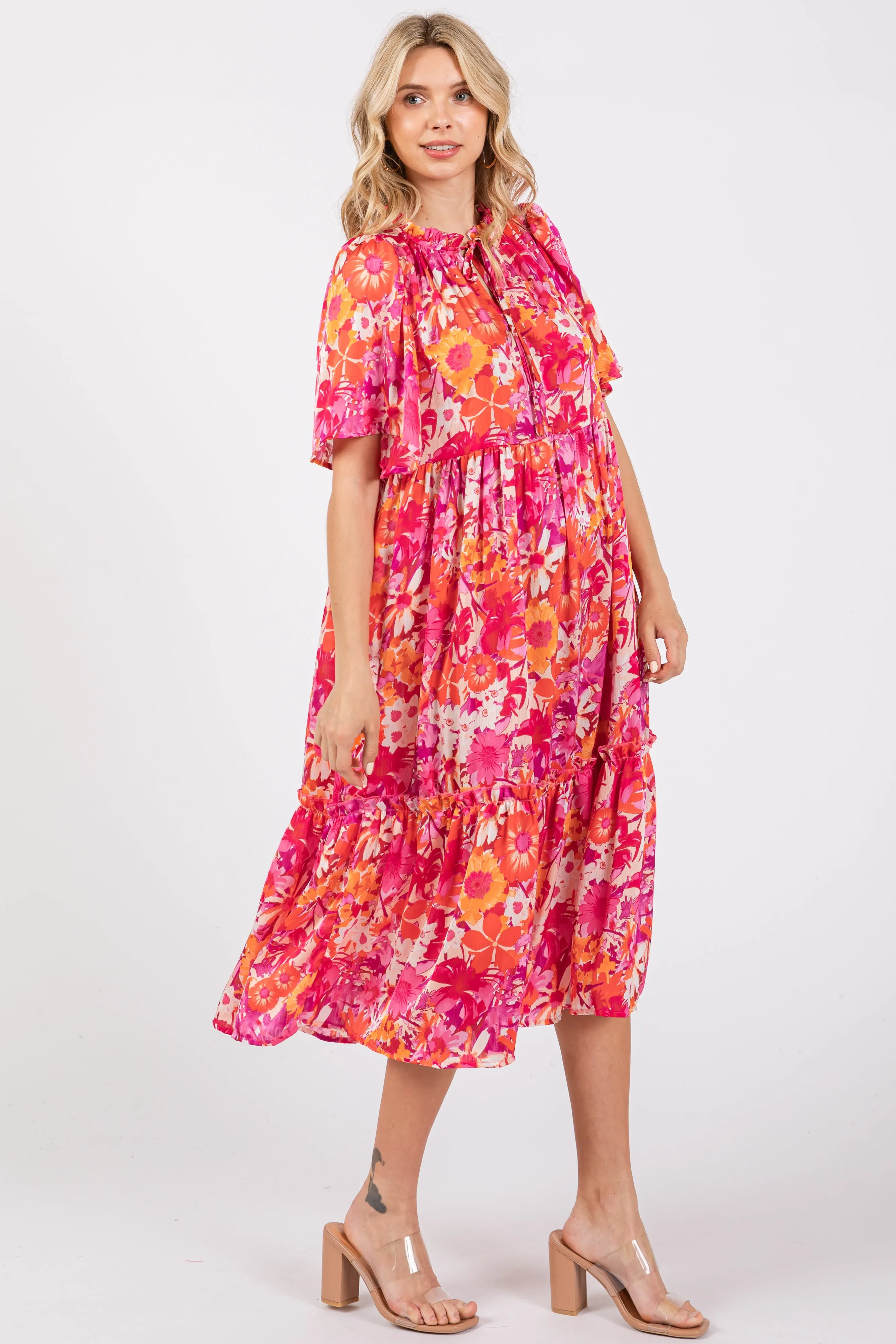 Pink Floral Satin Ruffle Short Flutter Sleeve Midi Dress sold by Pinkblush product image thumbnail 2