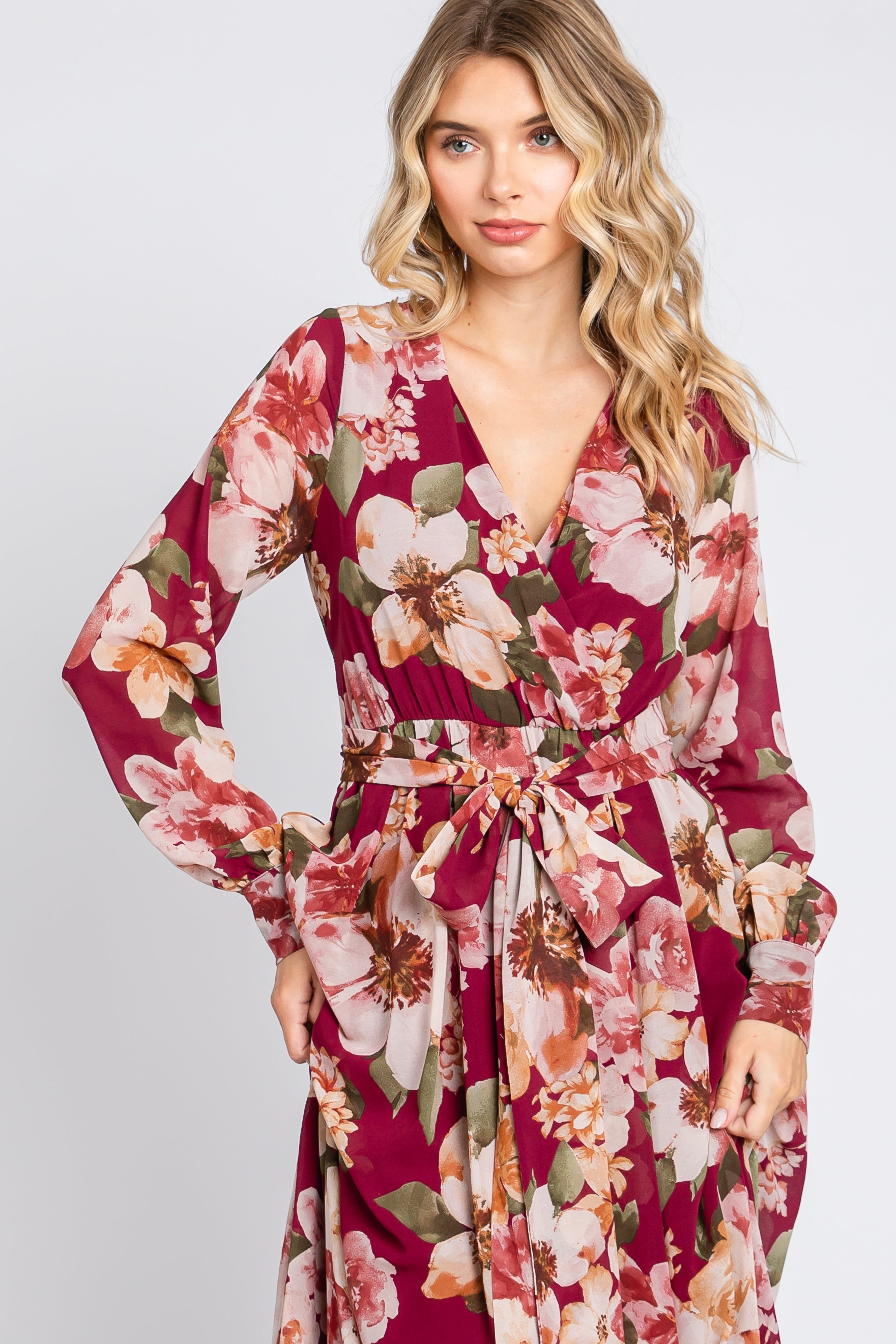 Burgundy Floral Chiffon Wrap Front V-Neck Long Sleeve Maxi Dress sold by Pinkblush product image thumbnail 5
