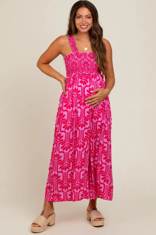Fuchsia Printed Smocked Cropped Maternity Jumpsuit sold by Pinkblush