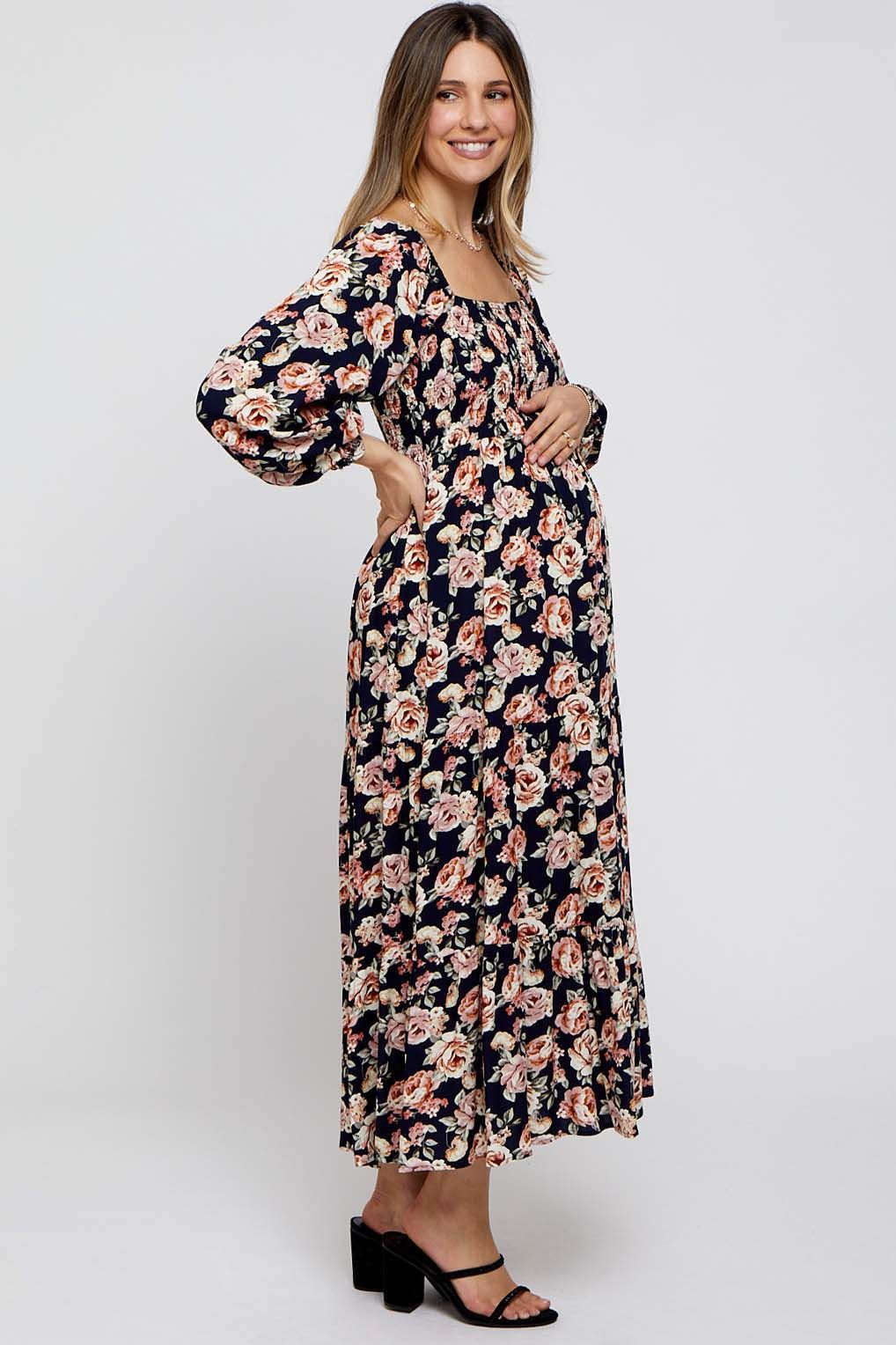 Navy Floral Long Sleeve Maternity Maxi Dress sold by Pinkblush product image thumbnail 2