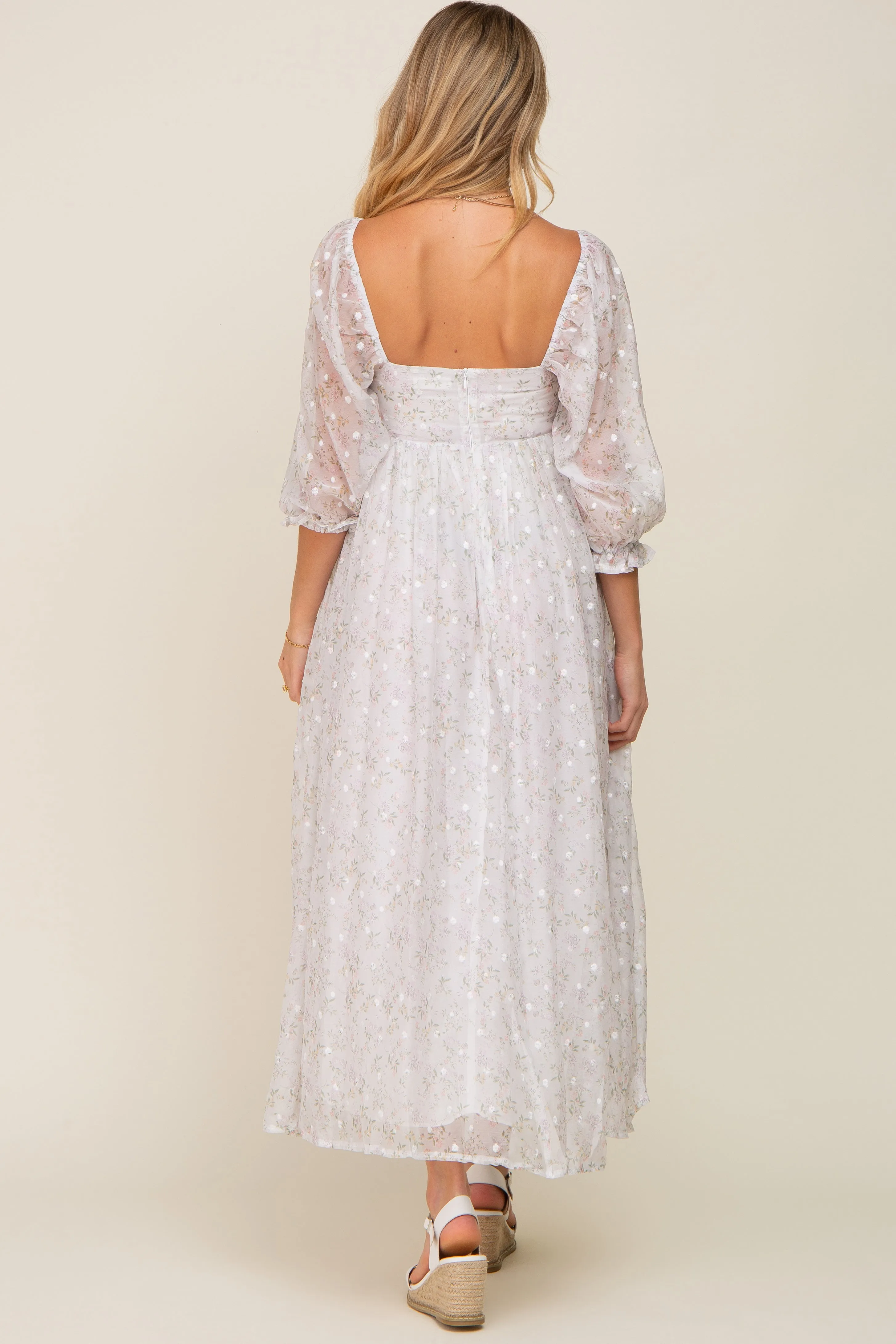 Silver Floral Square Neck Puff Sleeve Organza Maternity Maxi Dress sold by Pinkblush product image thumbnail 3