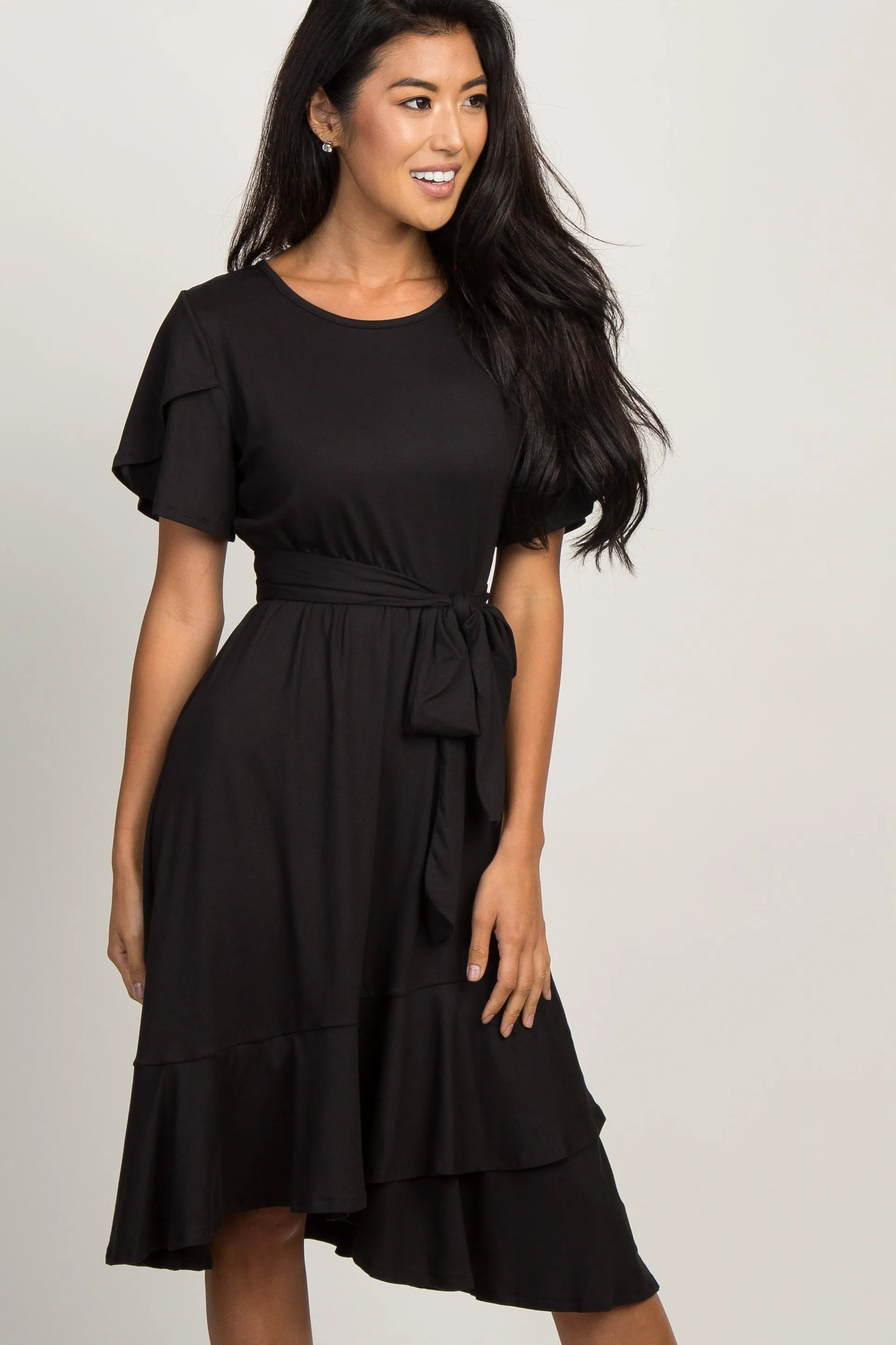 Black Solid Flounce Trim Dress sold by Pinkblush