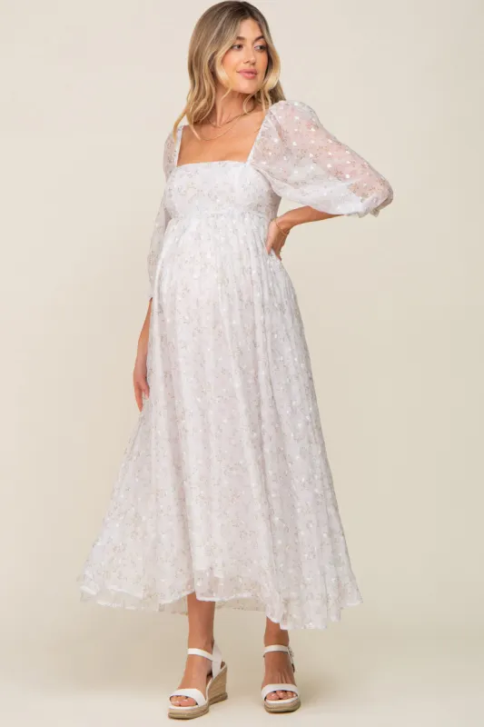 Silver Floral Square Neck Puff Sleeve Organza Maternity Maxi Dress sold by Pinkblush