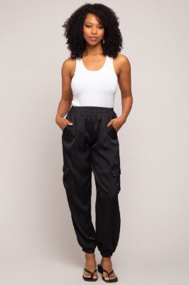 Black Satin Cargo Jogger Pants sold by Pinkblush