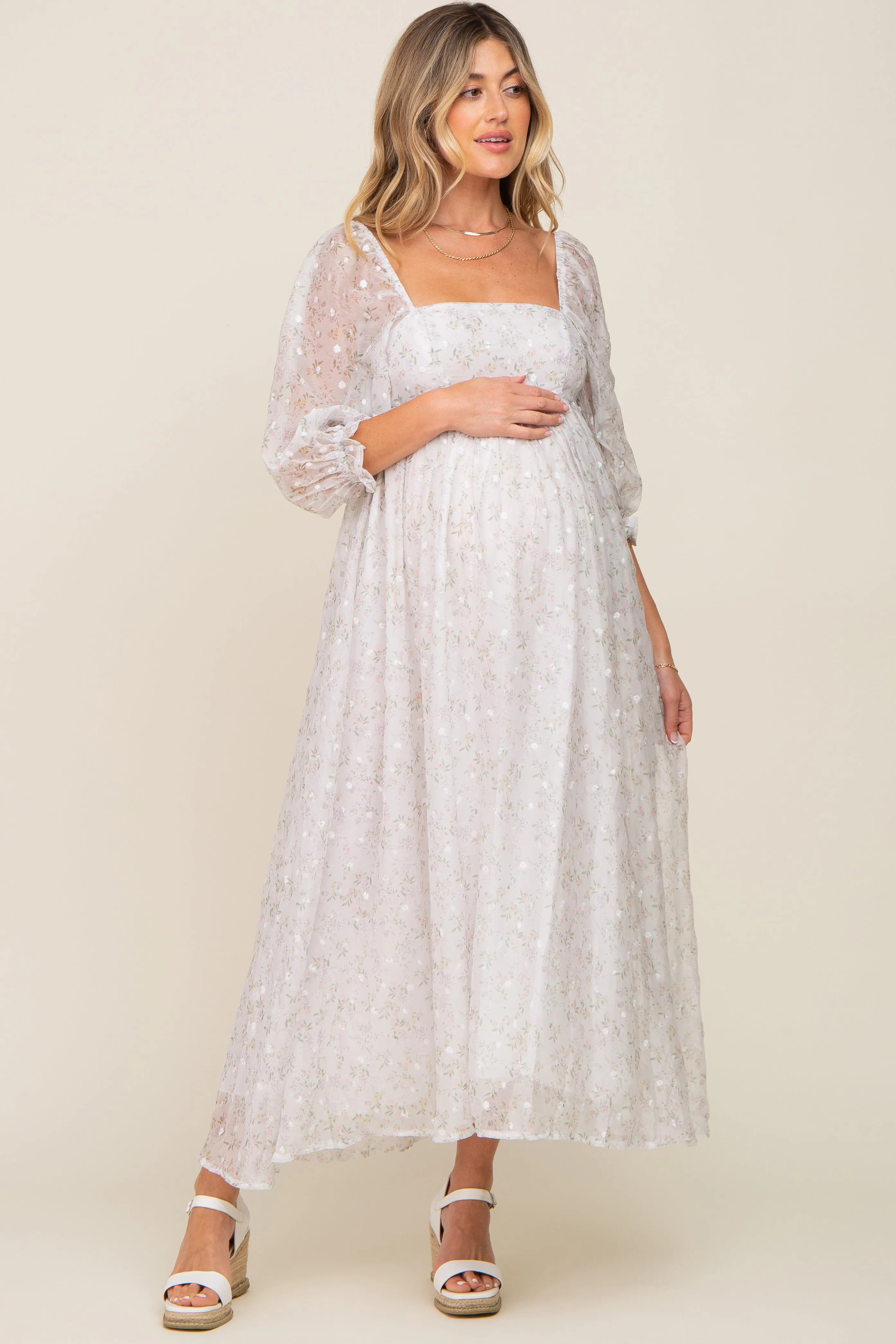 Silver Floral Square Neck Puff Sleeve Organza Maternity Maxi Dress sold by Pinkblush product image thumbnail 5