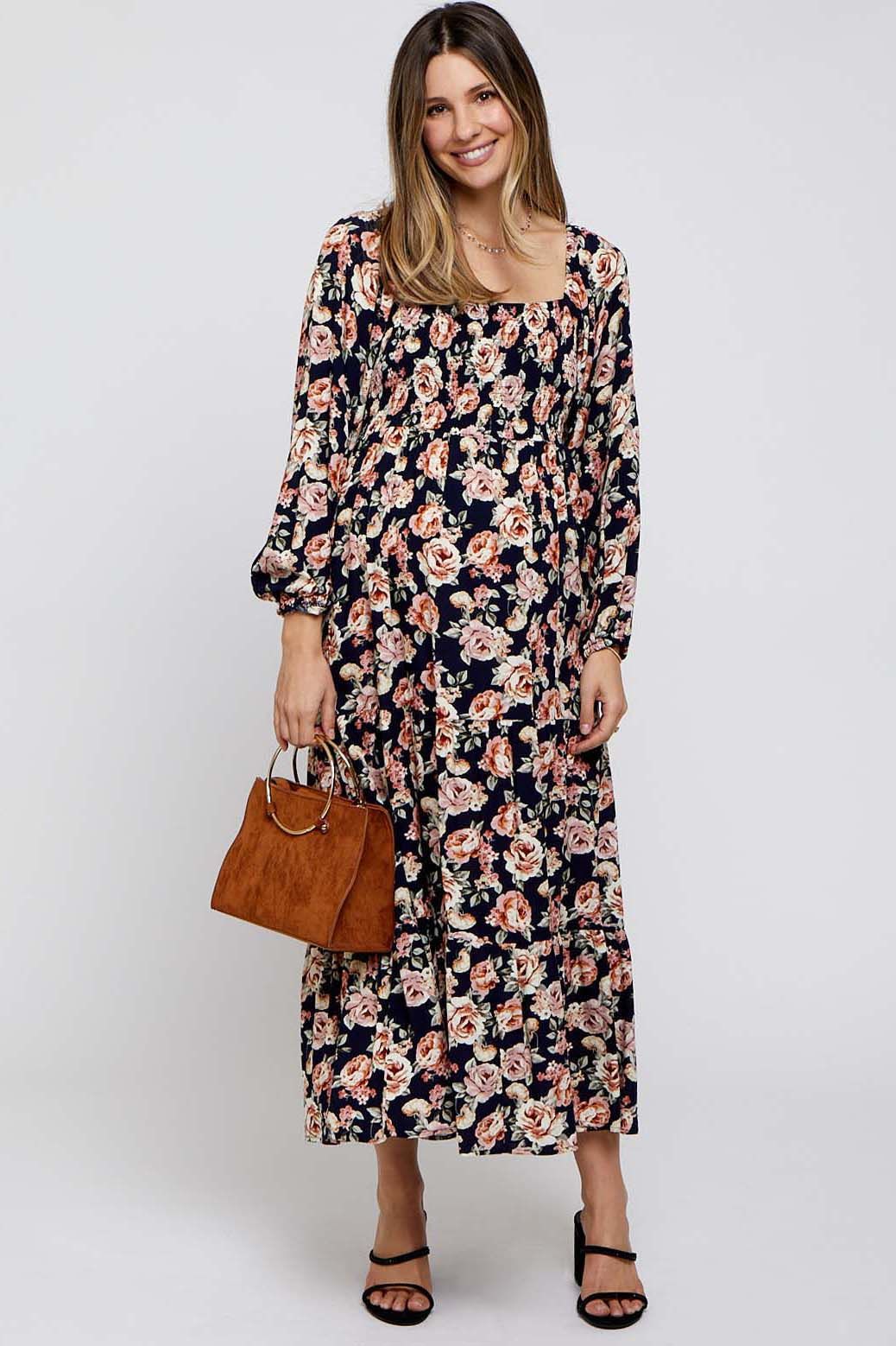 Navy Floral Long Sleeve Maternity Maxi Dress sold by Pinkblush