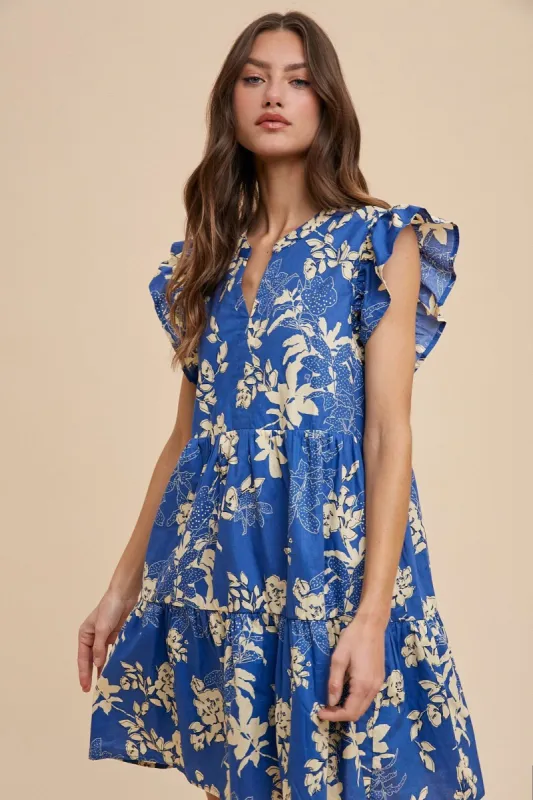 Denim Blue Floral Printed V-Neck Frill Tiered Dress sold by Pinkblush