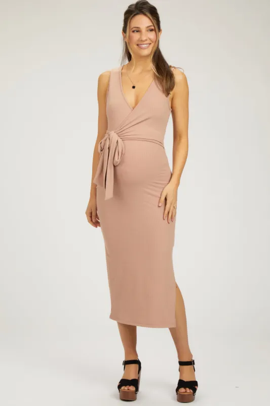 Peach Rib Knit Side Tie Maternity Midi Dress sold by Pinkblush