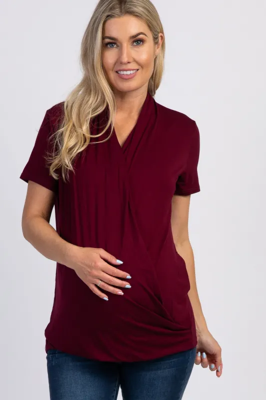 PinkBlush Burgundy Pleated Wrap Accent Maternity/Nursing Top sold by Pinkblush