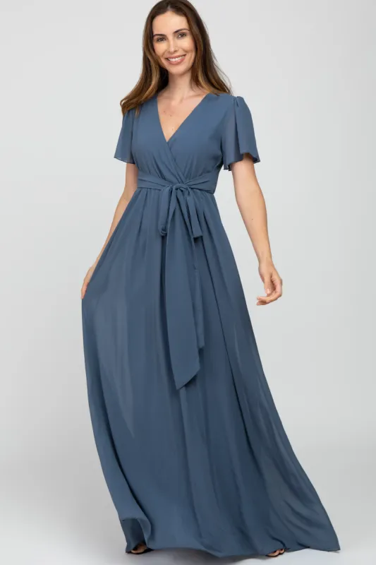 Blue Chiffon Short Sleeve Maxi Dress sold by Pinkblush