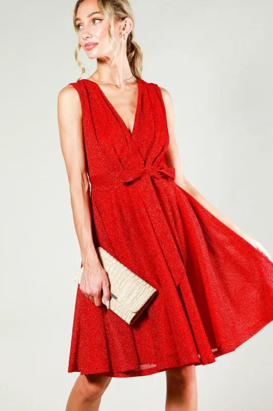 Red V-Neck Sleeveless Tie Waist Metalic Mini Dress sold by Pinkblush