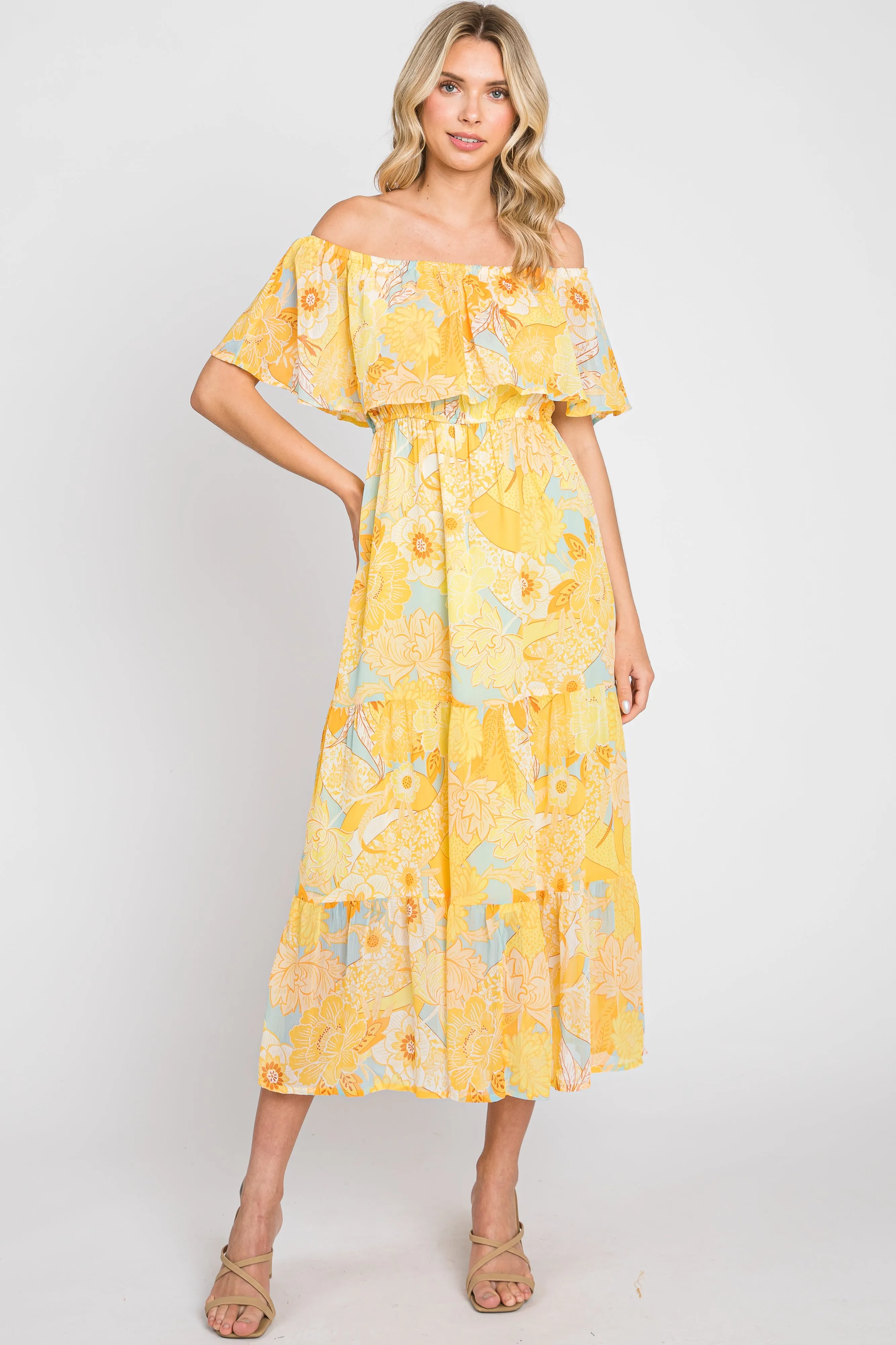 Yellow Floral Flounce Off Shoulder Maternity Midi Dress sold by Pinkblush product image thumbnail 5