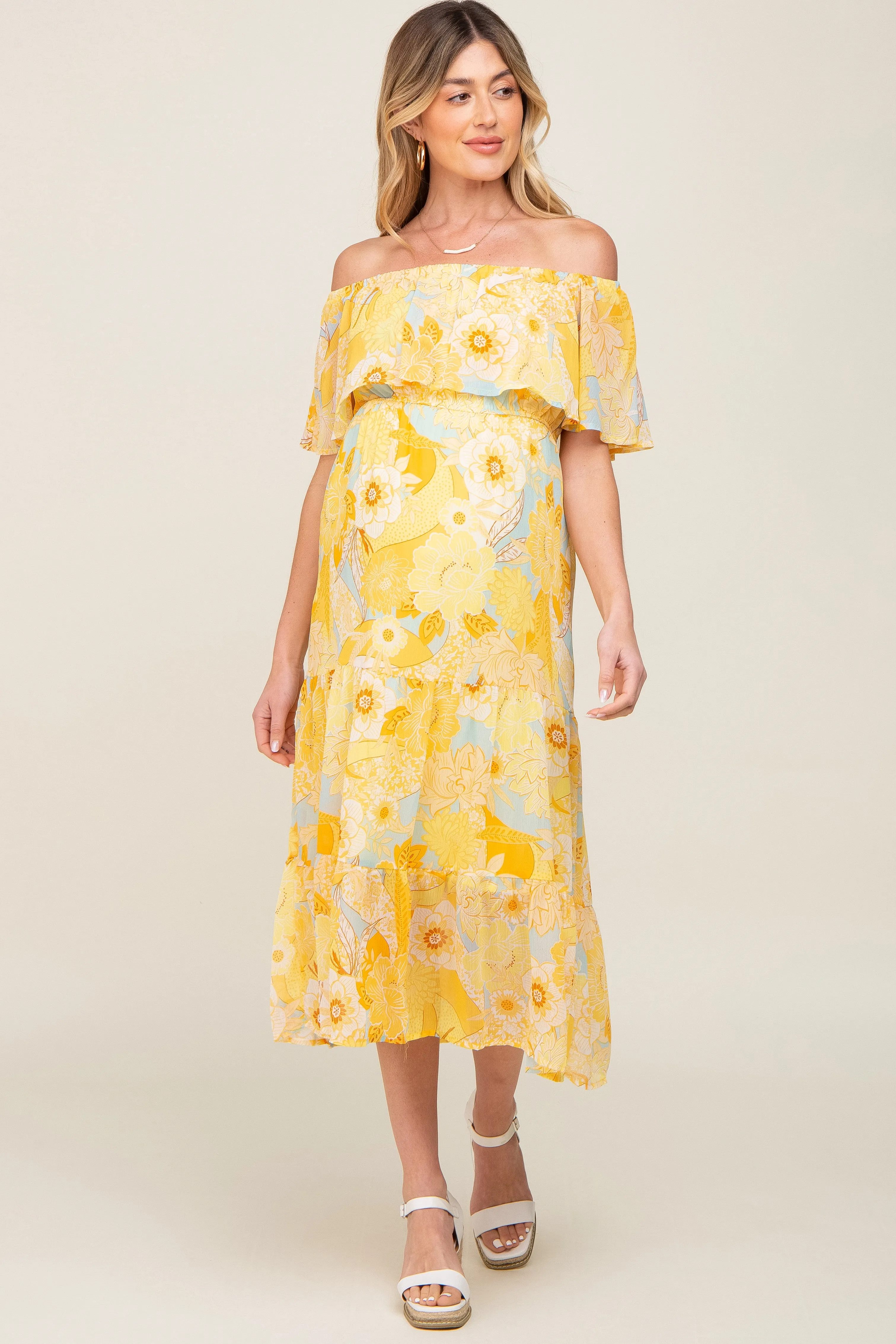 Yellow Floral Flounce Off Shoulder Maternity Midi Dress sold by Pinkblush product image thumbnail 2