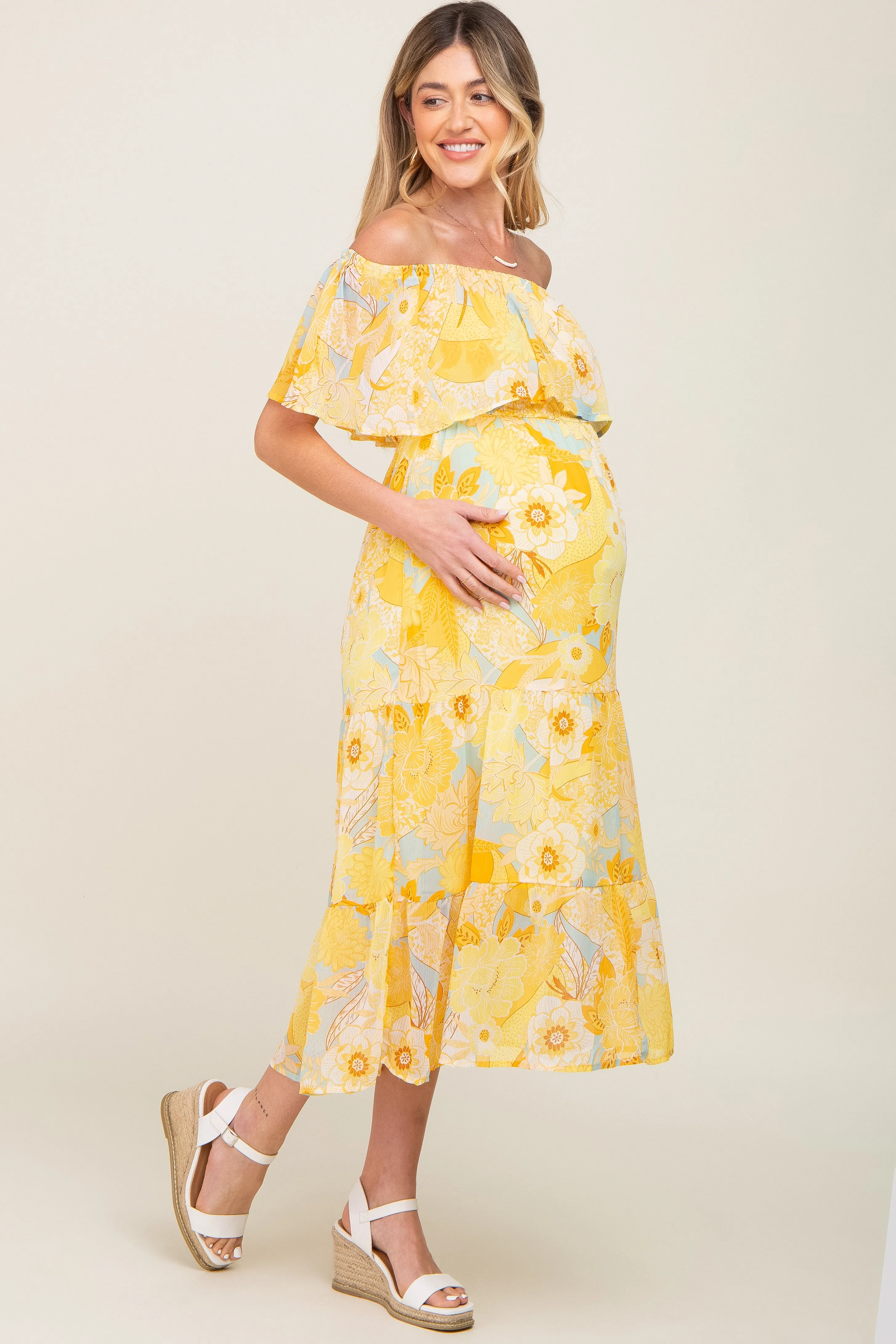 Yellow Floral Flounce Off Shoulder Maternity Midi Dress sold by Pinkblush product image thumbnail 3