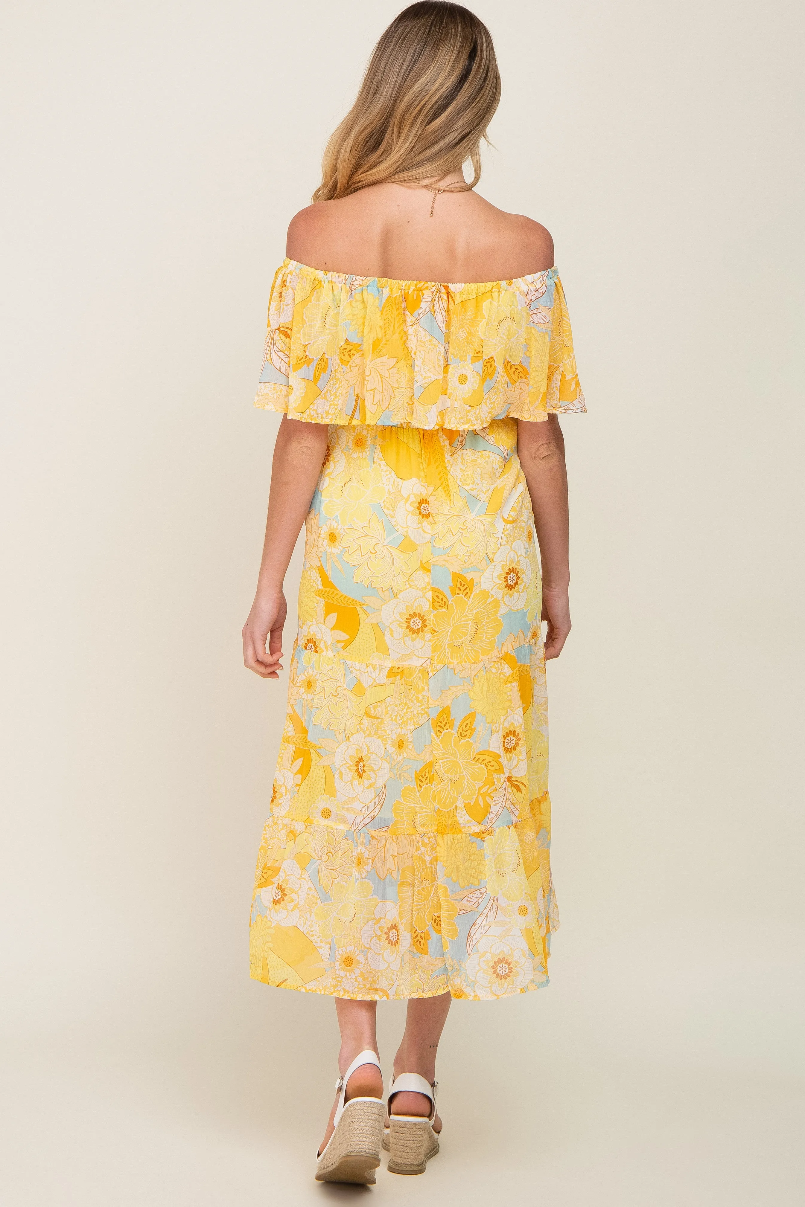 Yellow Floral Flounce Off Shoulder Maternity Midi Dress sold by Pinkblush product image thumbnail 4