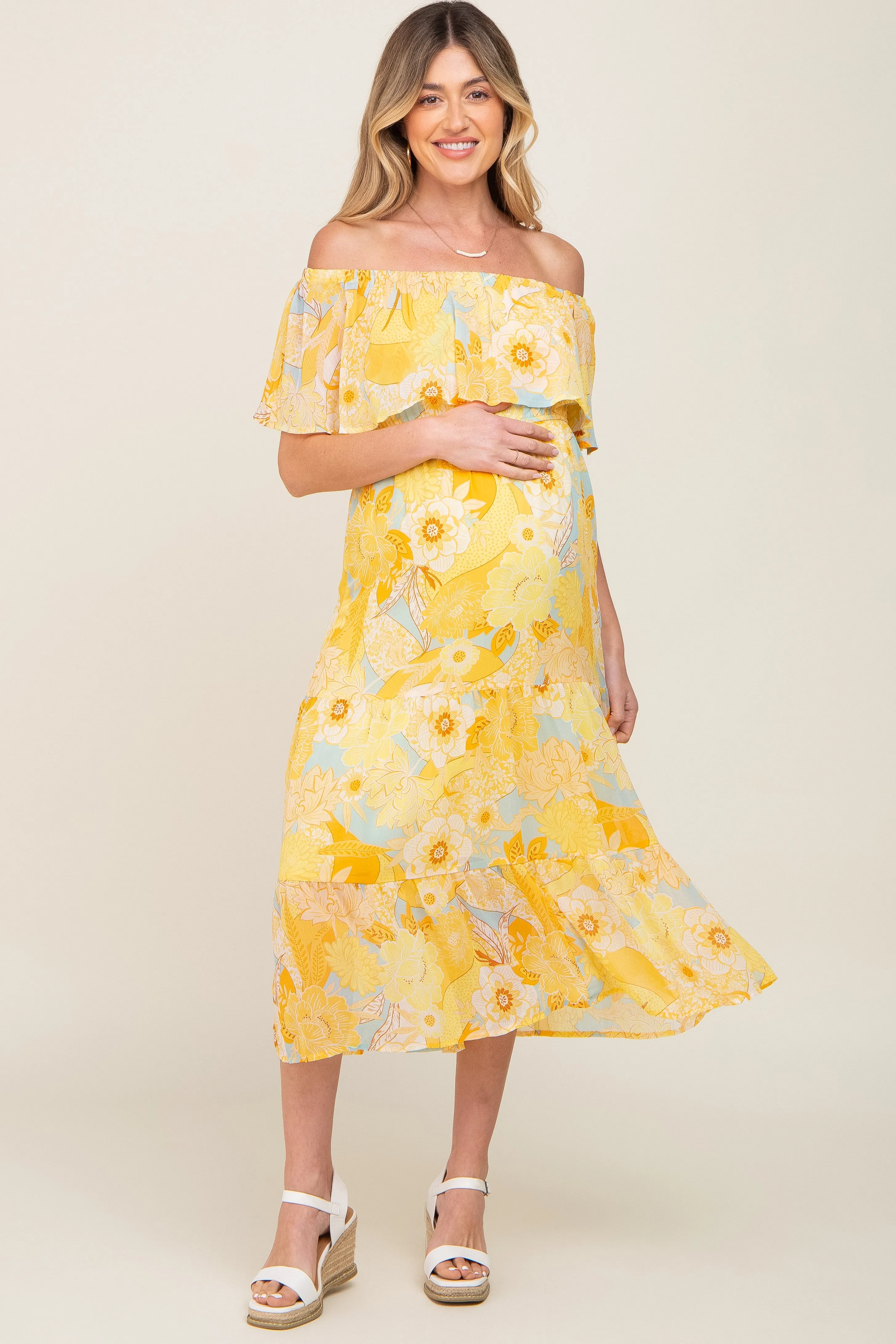 Yellow Floral Flounce Off Shoulder Maternity Midi Dress sold by Pinkblush