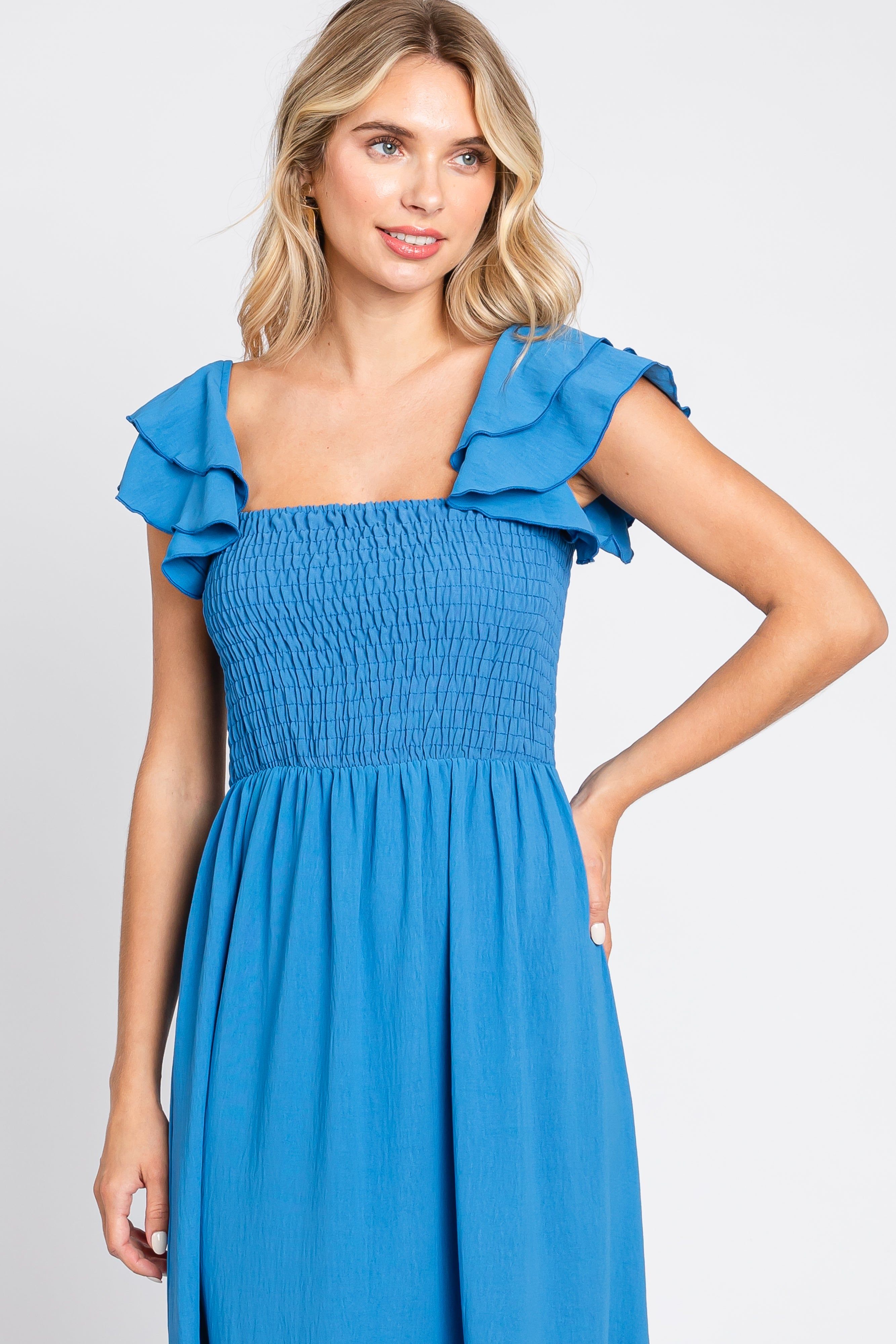 Blue Smocked Ruffle Off Shoulder Tiered Maxi Dress sold by Pinkblush product image thumbnail 4