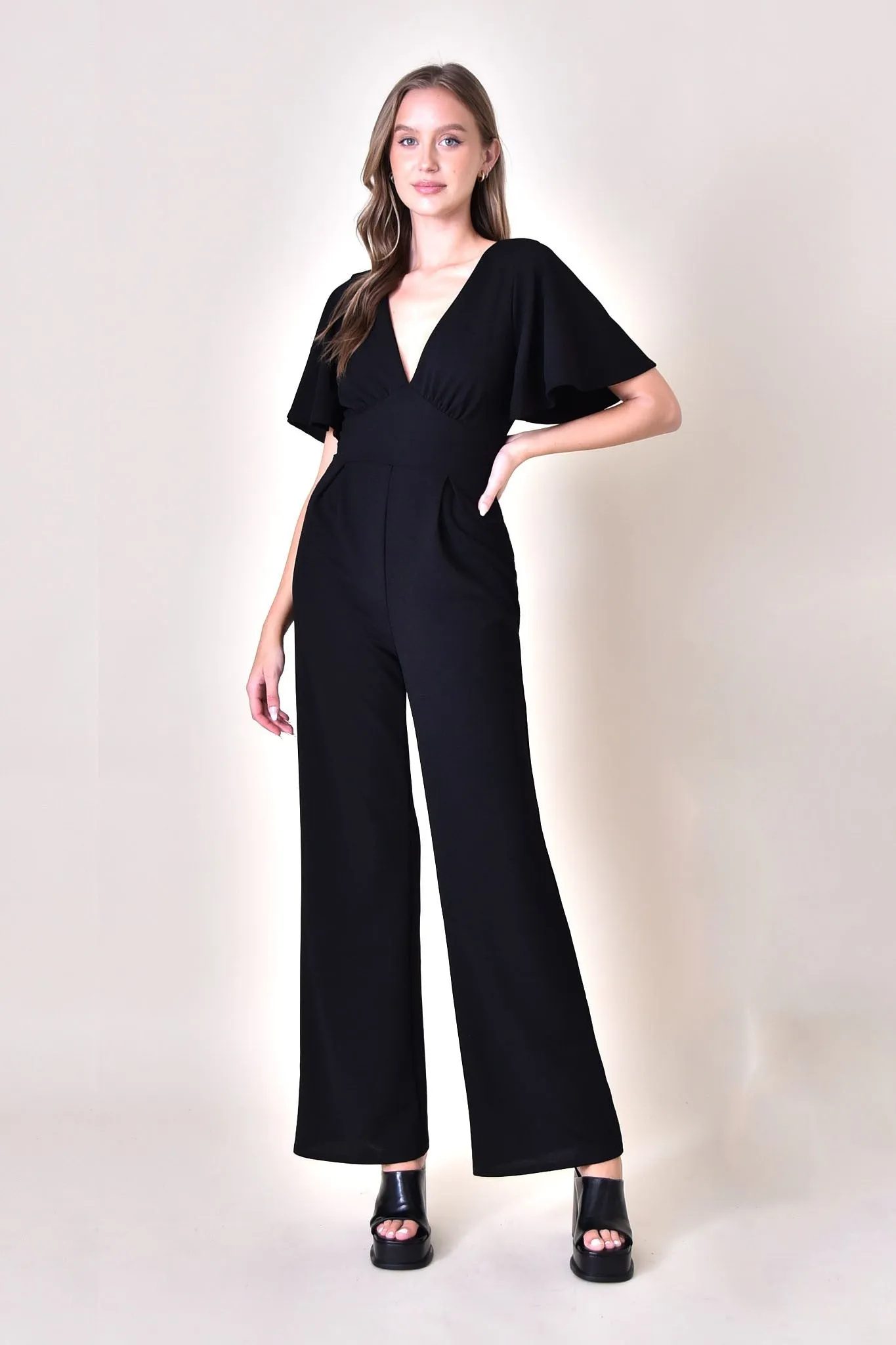 Black Deep V Empire Waist Flutter Sleeve Jumpsuit sold by Pinkblush product image thumbnail 2