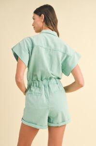 Spearmint Mineral Washed Elastic Waistband Pockets Romper sold by Pinkblush