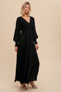 Black Smocked Ruffle Tiered Maxi Dress sold by Pinkblush