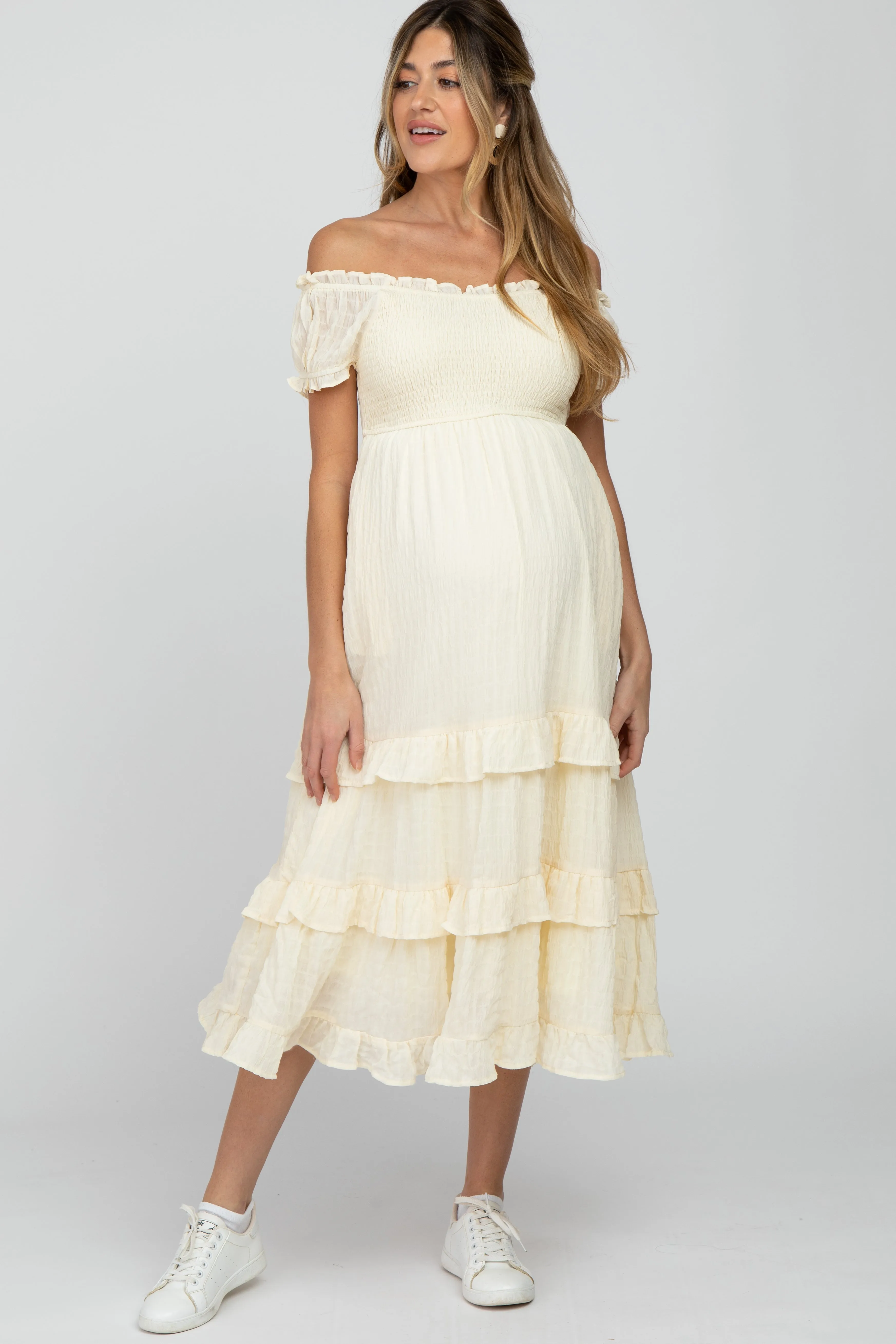 Ivory Smocked Ruffle Maternity Midi Dress sold by Pinkblush product image thumbnail 2