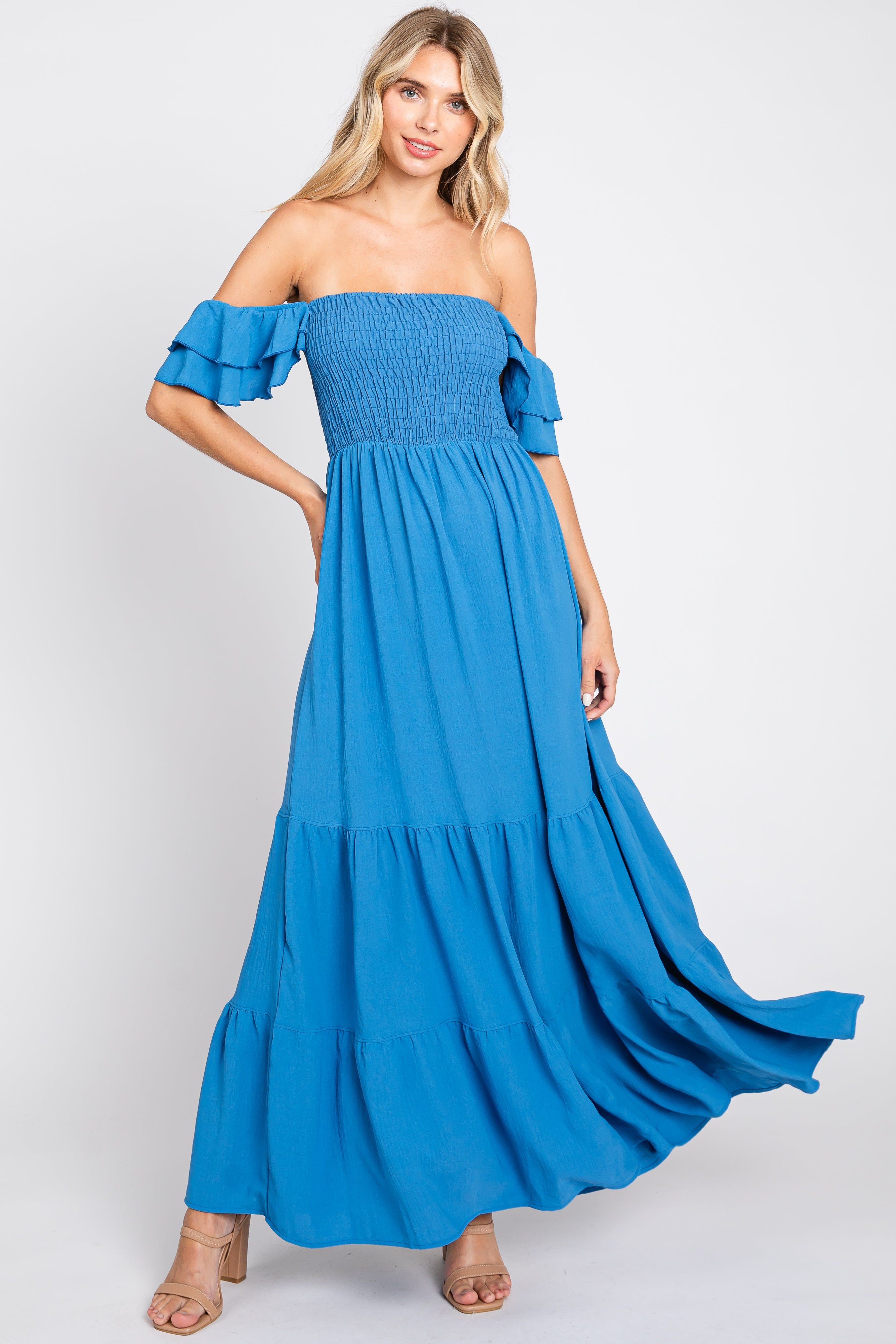 Blue Smocked Ruffle Off Shoulder Tiered Maxi Dress sold by Pinkblush product image thumbnail 5