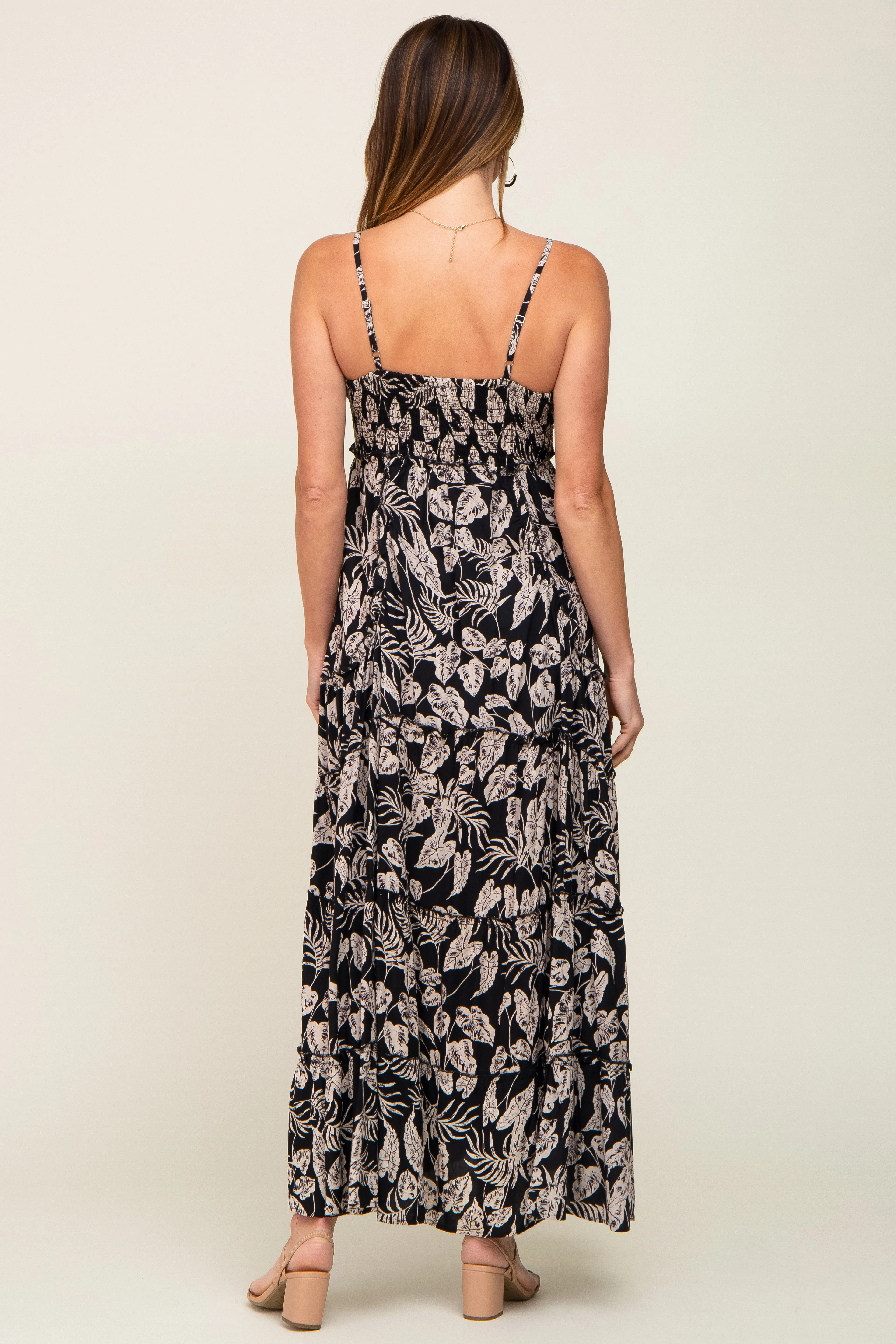 Black Palm Print Drawstring Front Tiered Maxi Dress sold by Pinkblush product image thumbnail 3