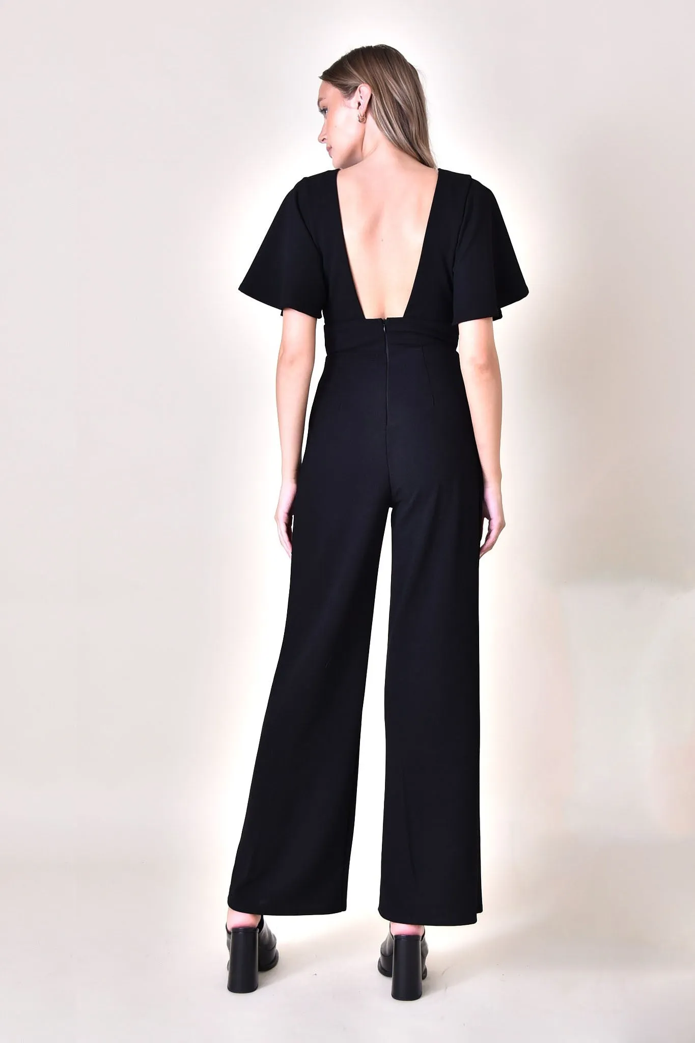 Black Deep V Empire Waist Flutter Sleeve Jumpsuit sold by Pinkblush product image thumbnail 3