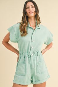 Spearmint Mineral Washed Elastic Waistband Pockets Romper sold by Pinkblush