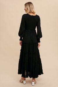 Black Smocked Ruffle Tiered Maxi Dress sold by Pinkblush