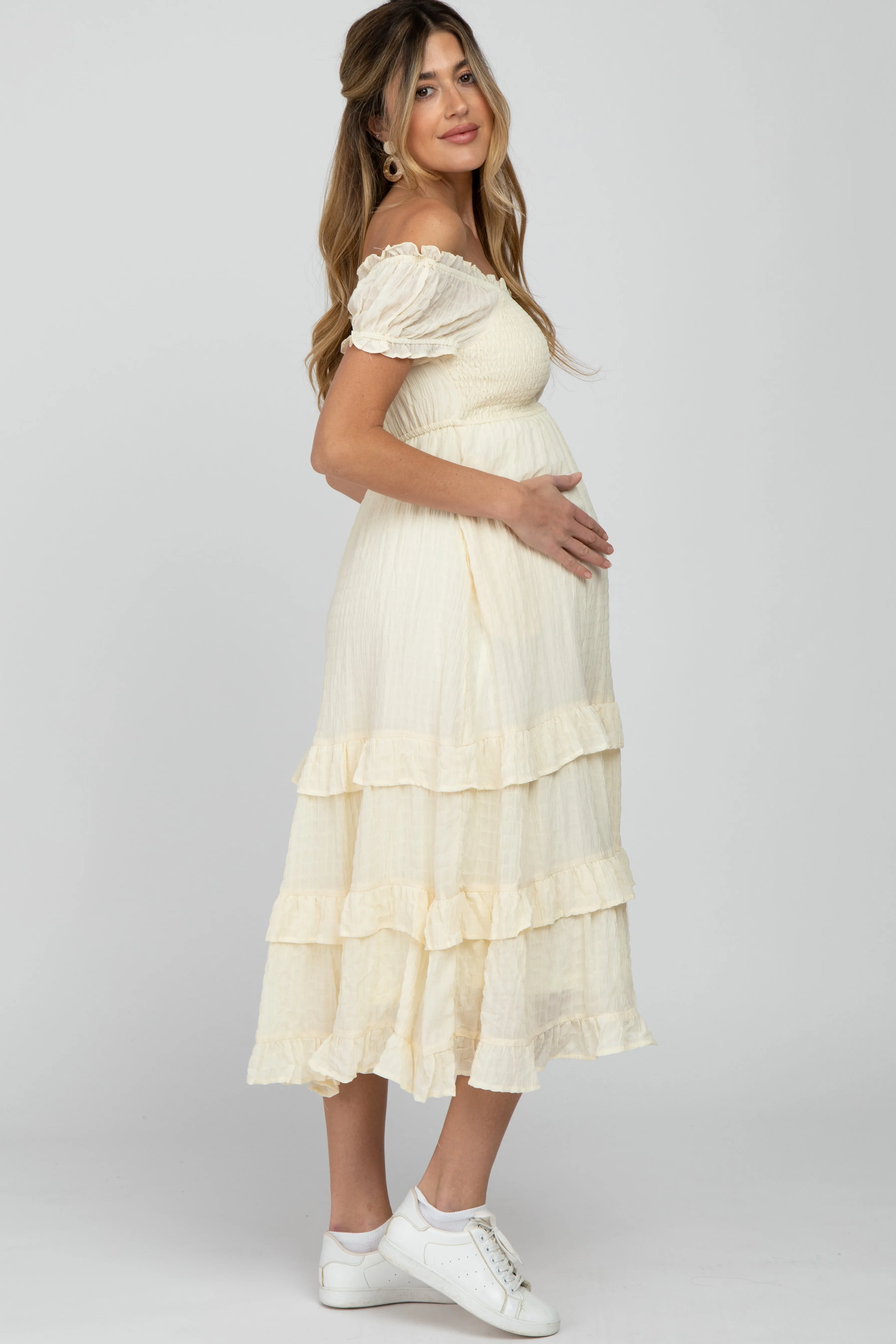 Ivory Smocked Ruffle Maternity Midi Dress sold by Pinkblush product image thumbnail 3