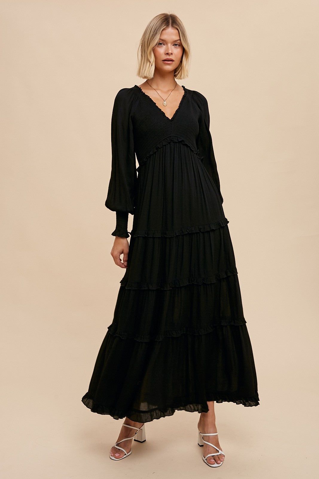 Black Smocked Ruffle Tiered Maxi Dress sold by Pinkblush