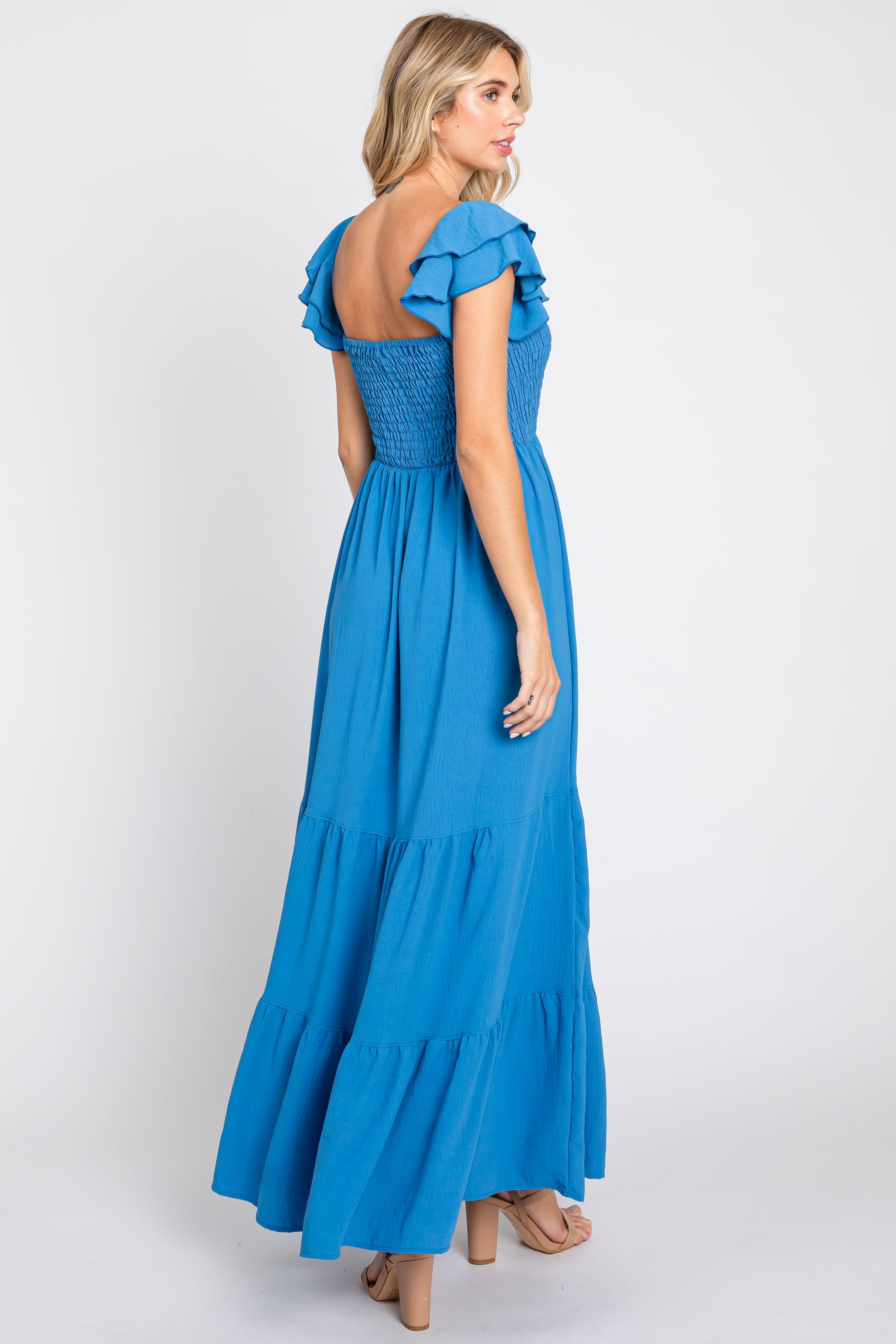 Blue Smocked Ruffle Off Shoulder Tiered Maxi Dress sold by Pinkblush product image thumbnail 3
